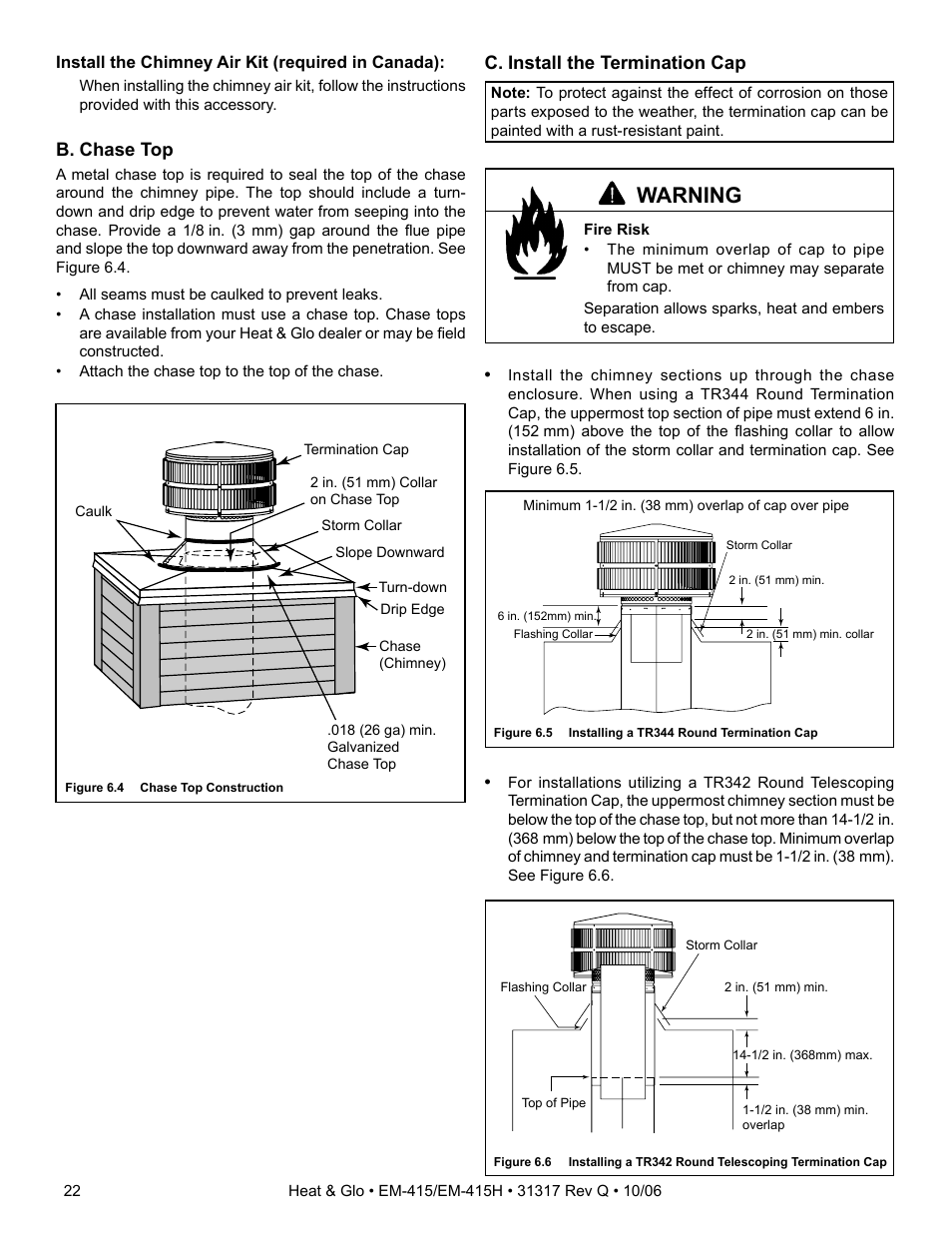 Warning, C. install the termination cap, B. chase top | Hearth and Home Technologies EM-415 User Manual | Page 22 / 48