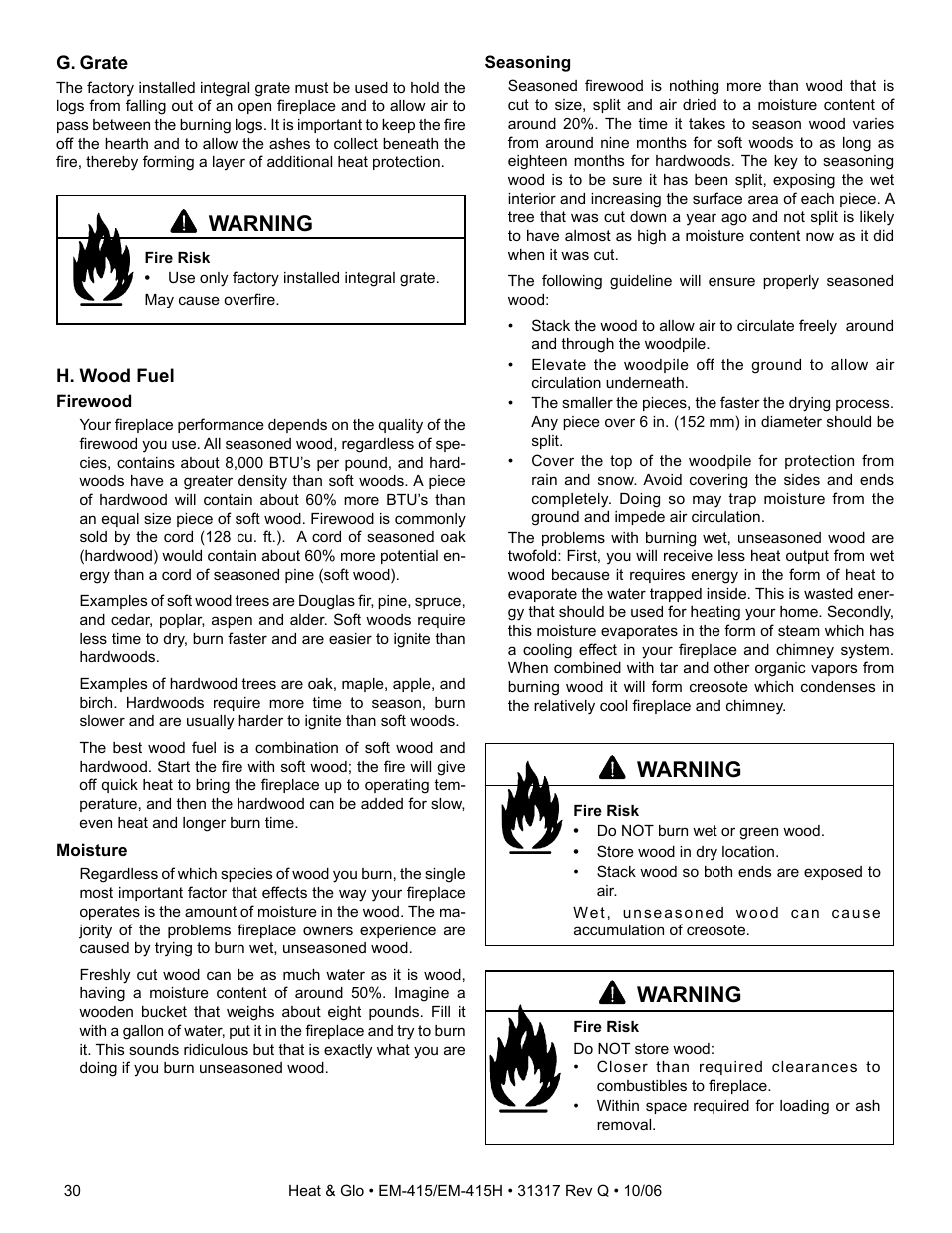 Warning | Hearth and Home Technologies EM-415 User Manual | Page 30 / 48