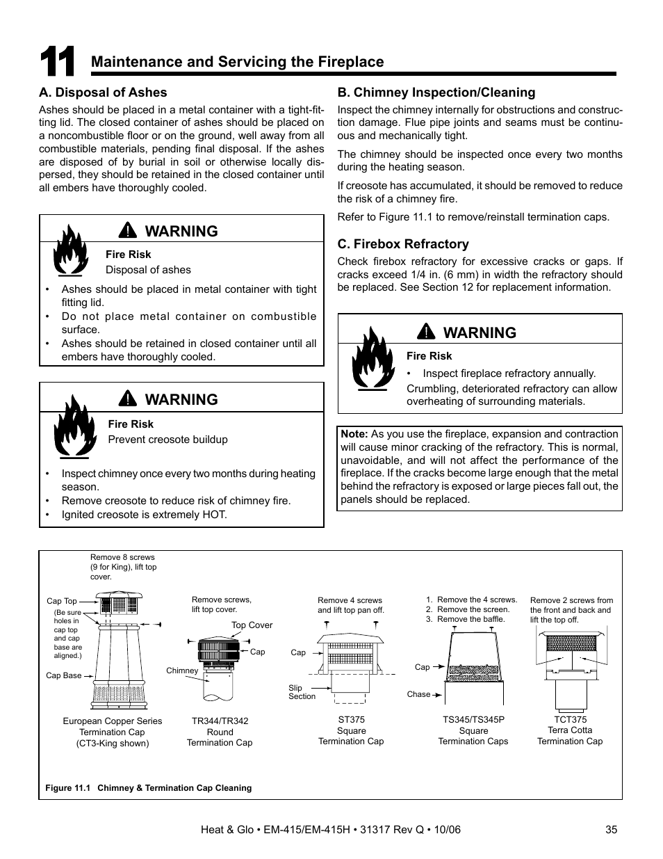 Warning, Maintenance and servicing the fireplace | Hearth and Home Technologies EM-415 User Manual | Page 35 / 48