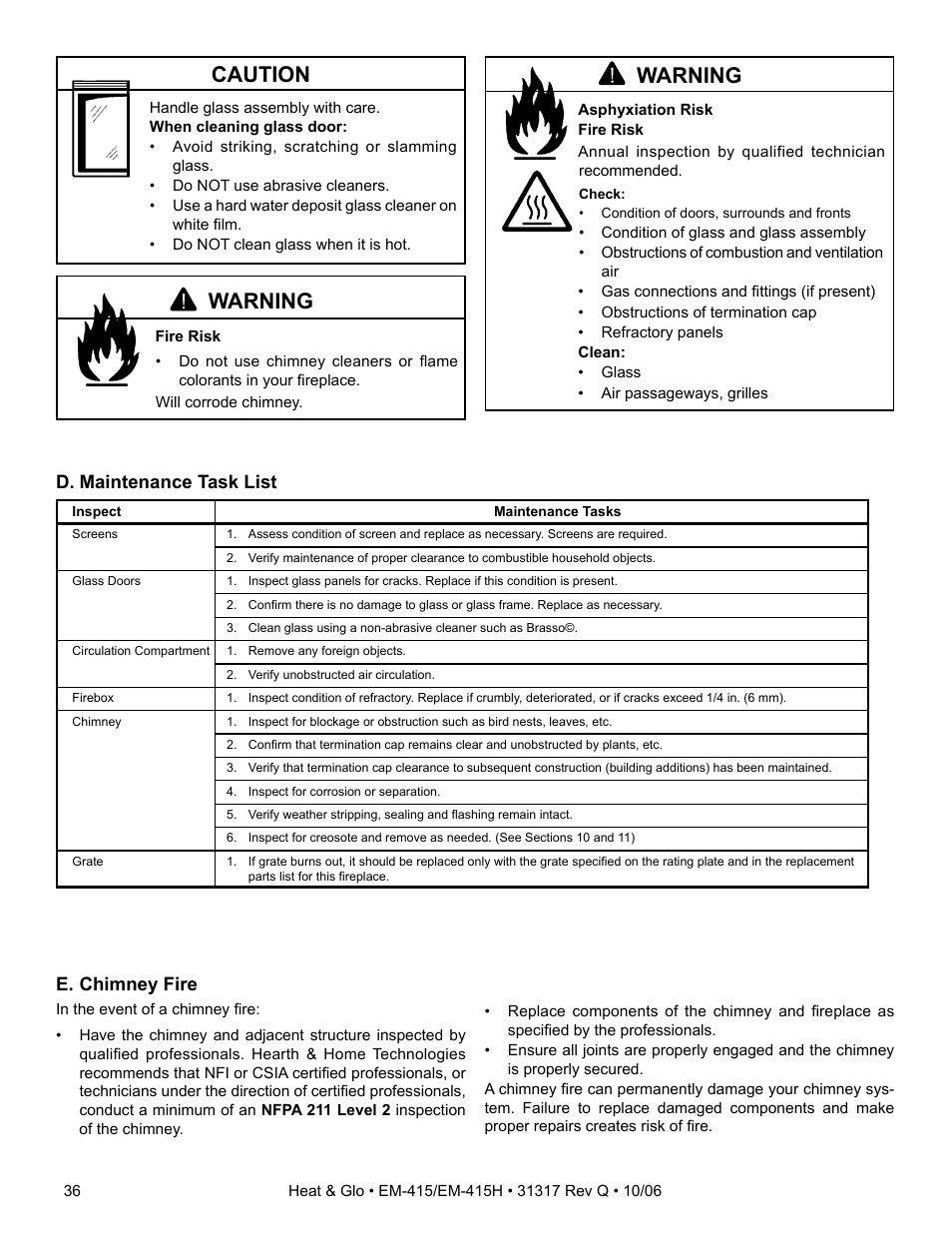 Warning, Caution, D. maintenance task list | E. chimney fire | Hearth and Home Technologies EM-415 User Manual | Page 36 / 48
