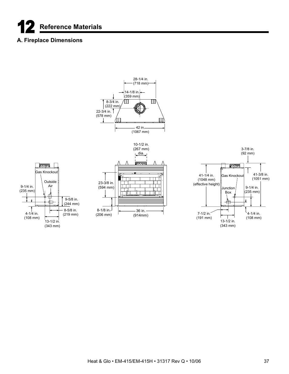 Reference materials, A. fireplace dimensions | Hearth and Home Technologies EM-415 User Manual | Page 37 / 48