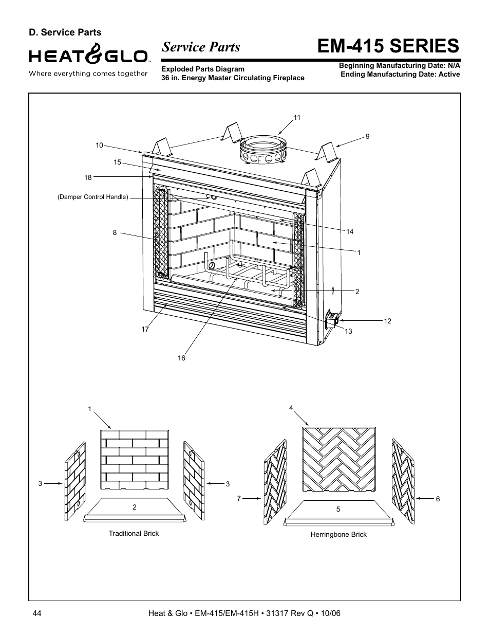 Em-415 series, Service parts | Hearth and Home Technologies EM-415 User Manual | Page 44 / 48