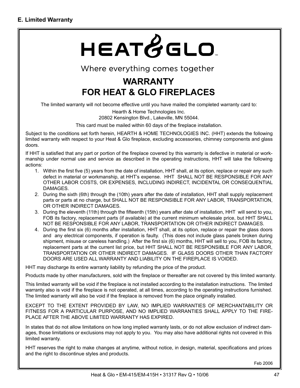 Warranty for heat & glo fireplaces | Hearth and Home Technologies EM-415 User Manual | Page 47 / 48