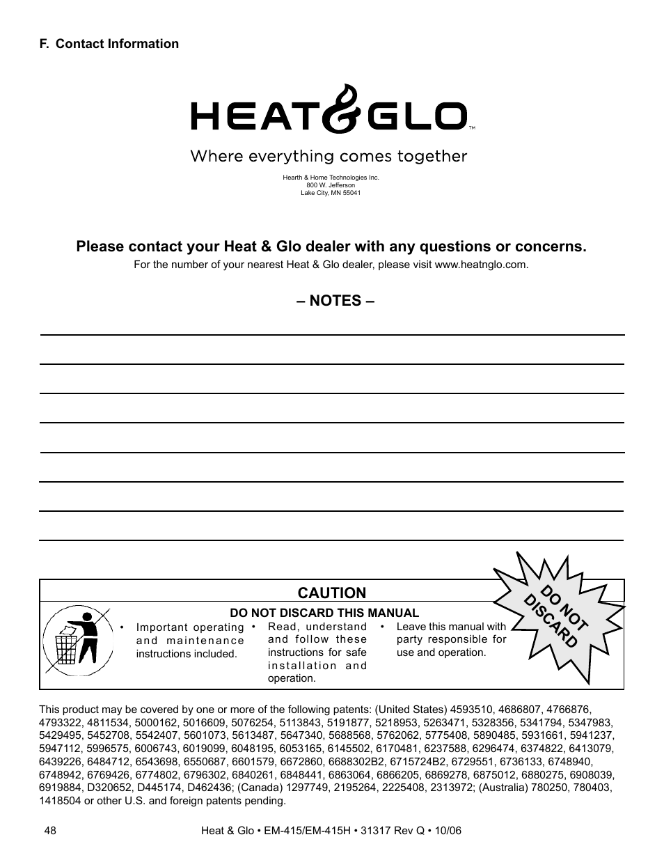 Caution, Do not discard | Hearth and Home Technologies EM-415 User Manual | Page 48 / 48