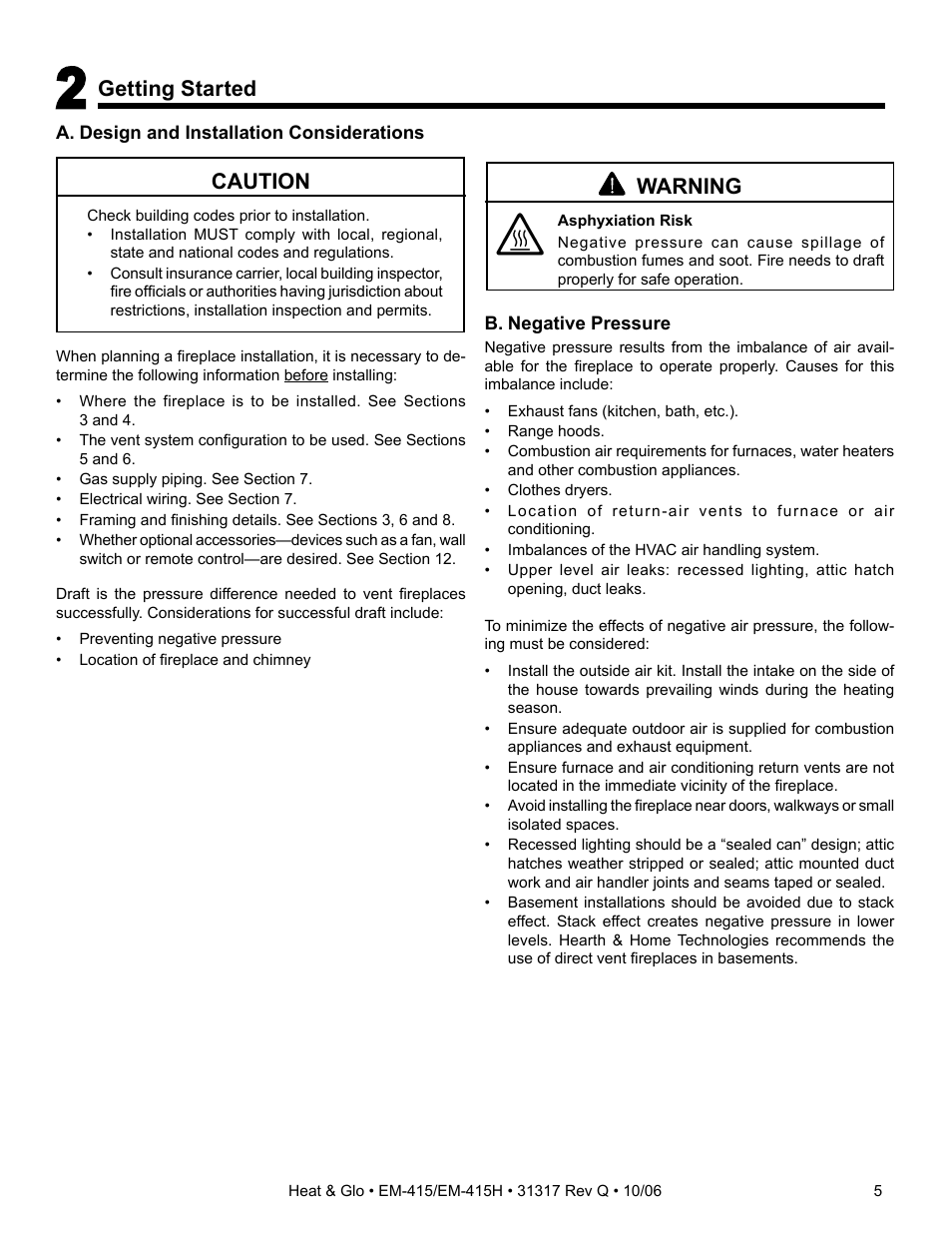 Getting started, Warning, Caution | Hearth and Home Technologies EM-415 User Manual | Page 5 / 48