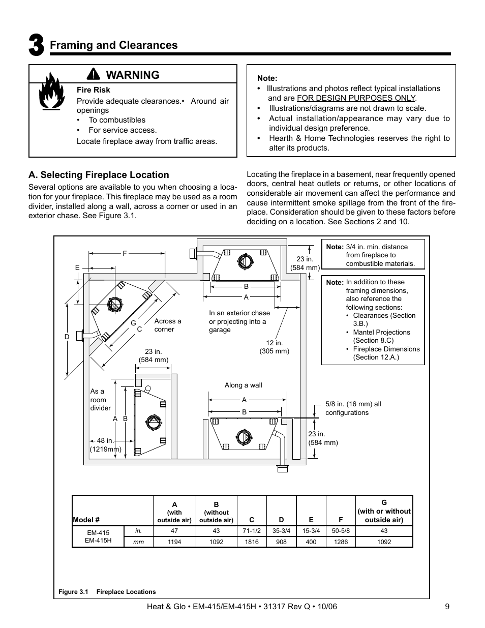 Framing and clearances, Warning, A. selecting fireplace location | Hearth and Home Technologies EM-415 User Manual | Page 9 / 48