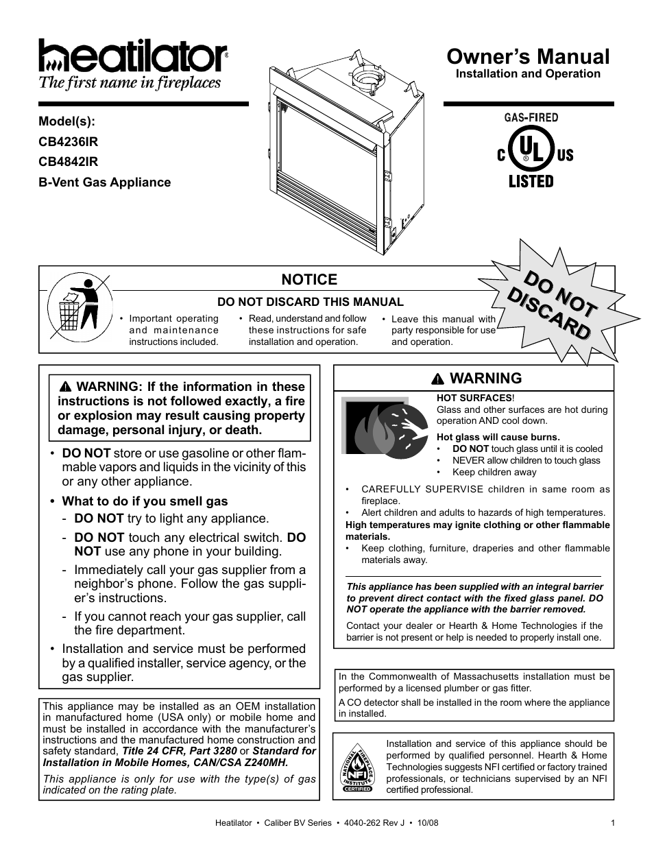 Hearth and Home Technologies B-Vent Gas Appliance CB4842IR User Manual | 40 pages