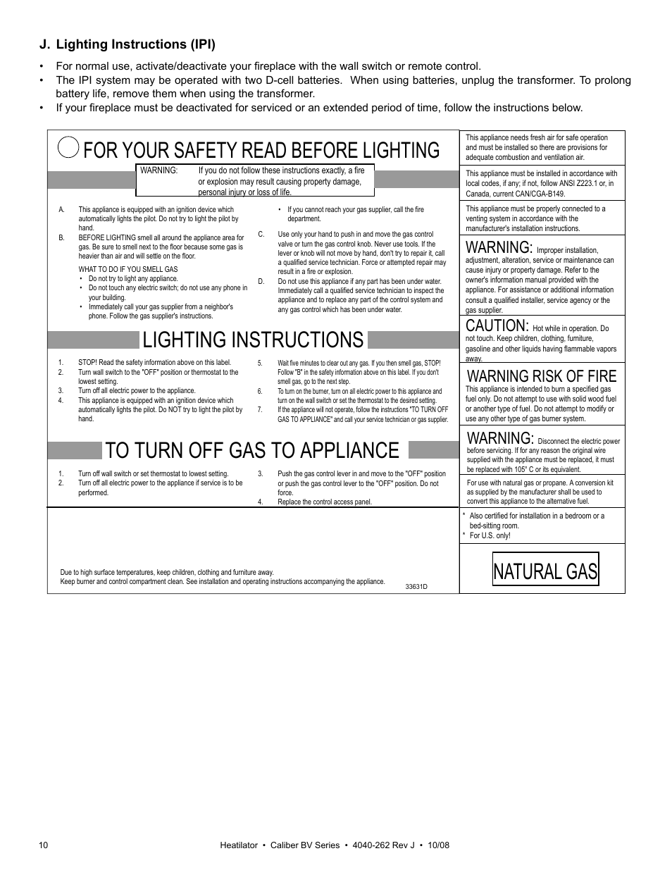 Lighting instructions, For your safety read before lighting, Natural gas | Warning, Caution, Warning risk of fire, J. lighting instructions (ipi) | Hearth and Home Technologies B-Vent Gas Appliance CB4842IR User Manual | Page 10 / 40