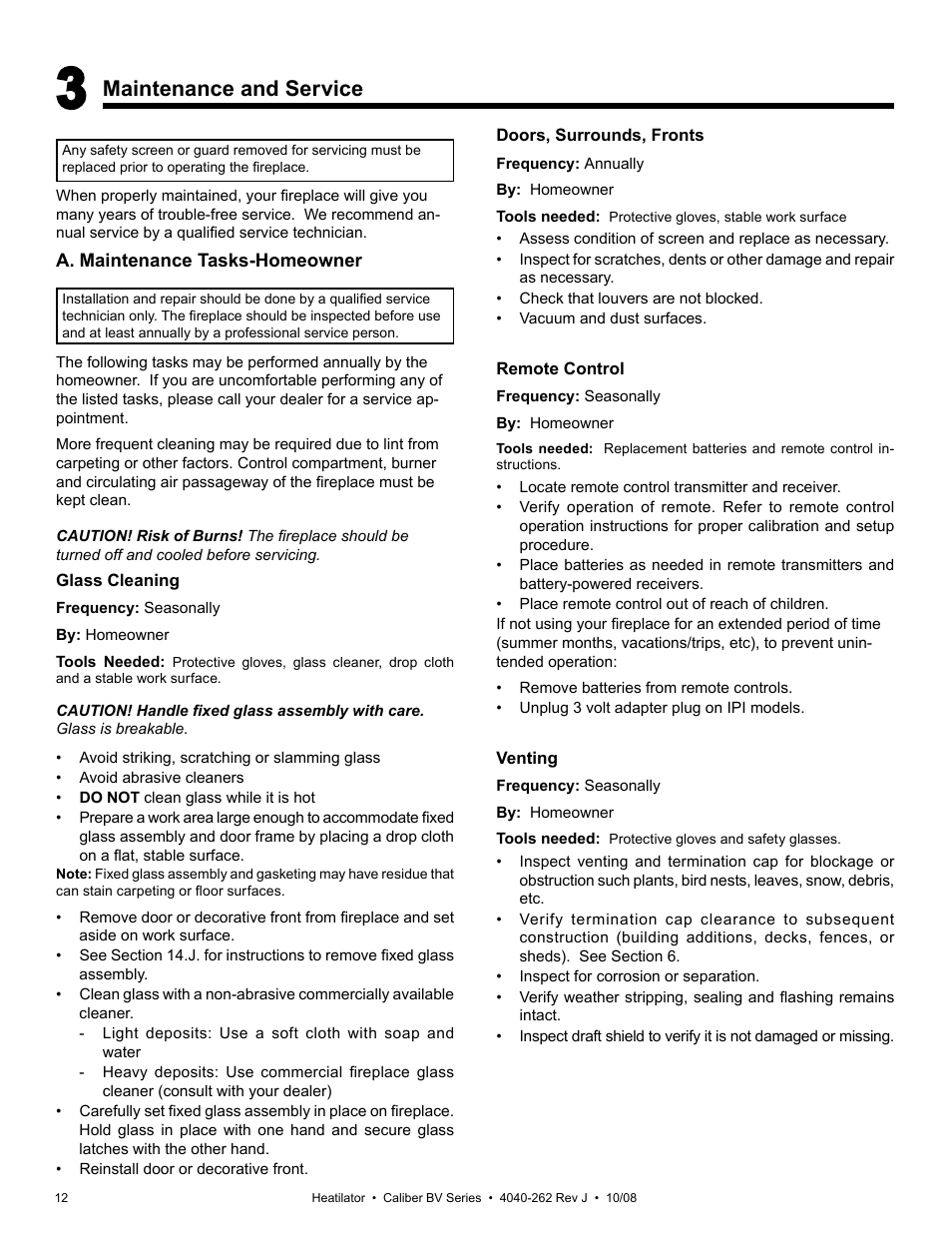 Maintenance and service | Hearth and Home Technologies B-Vent Gas Appliance CB4842IR User Manual | Page 12 / 40