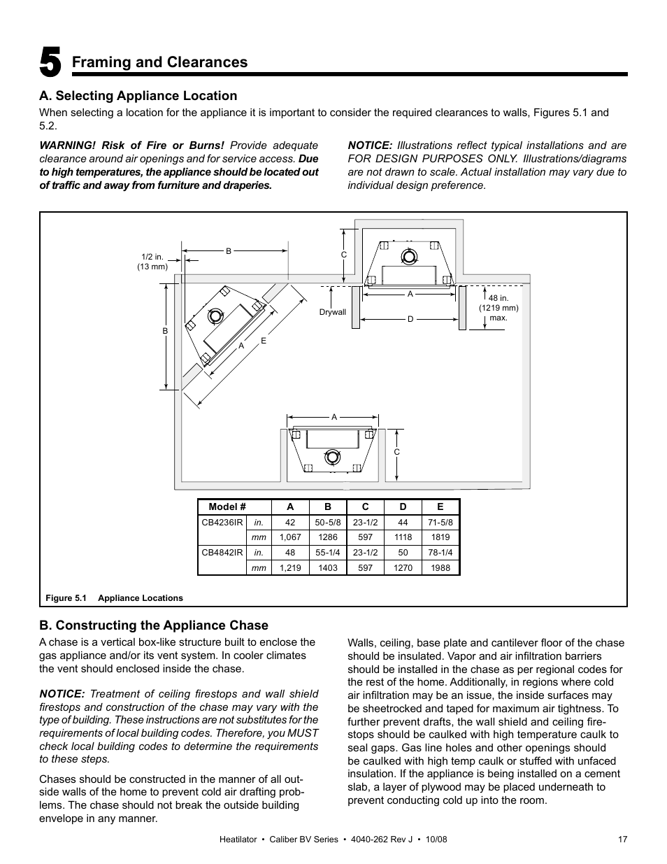 Framing and clearances, A. selecting appliance location, B. constructing the appliance chase | Hearth and Home Technologies B-Vent Gas Appliance CB4842IR User Manual | Page 17 / 40