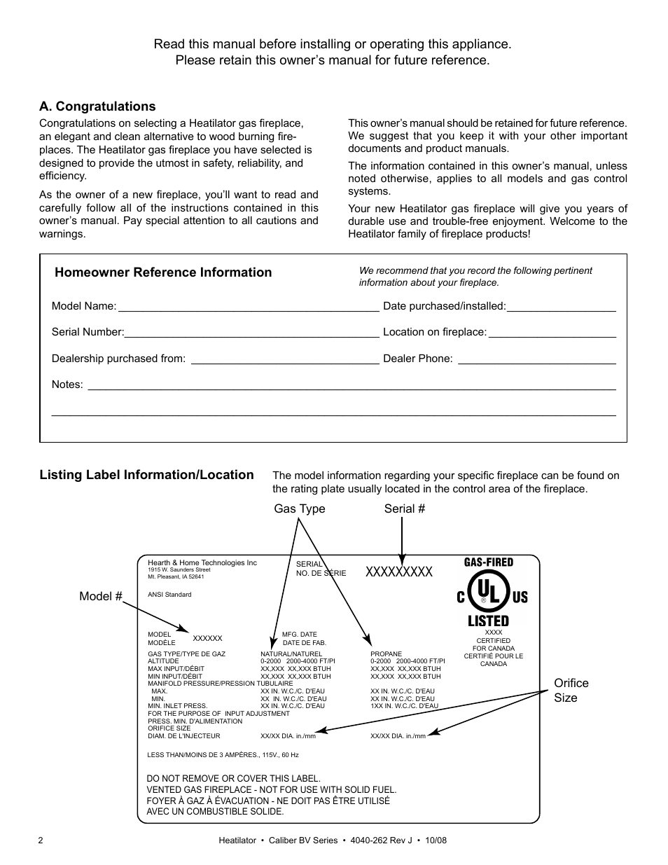 Listing label information/location, Serial # gas type orifice size model | Hearth and Home Technologies B-Vent Gas Appliance CB4842IR User Manual | Page 2 / 40