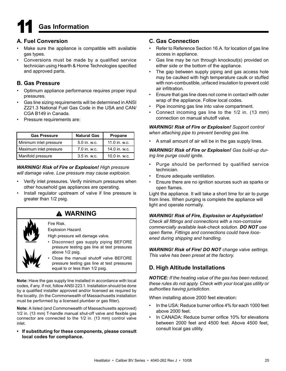 Gas information, Warning | Hearth and Home Technologies B-Vent Gas Appliance CB4842IR User Manual | Page 25 / 40