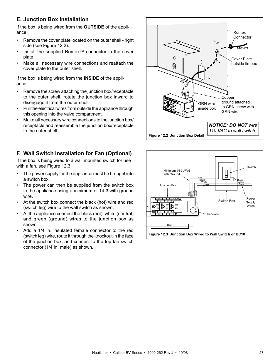 F. wall switch installation for fan (optional), E. junction box installation | Hearth and Home Technologies B-Vent Gas Appliance CB4842IR User Manual | Page 27 / 40