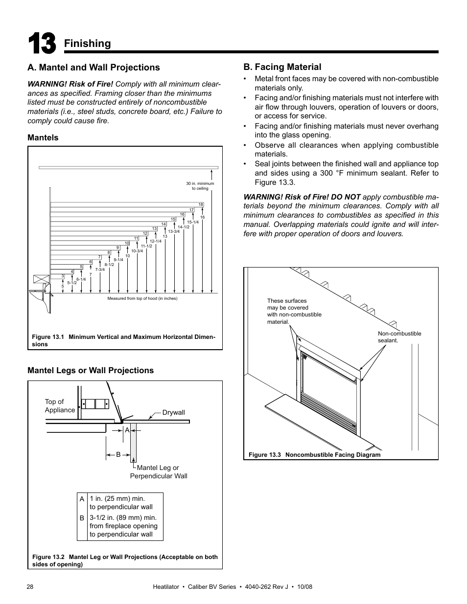 Finishing, A. mantel and wall projections, B. facing material | Mantels, Mantel legs or wall projections | Hearth and Home Technologies B-Vent Gas Appliance CB4842IR User Manual | Page 28 / 40