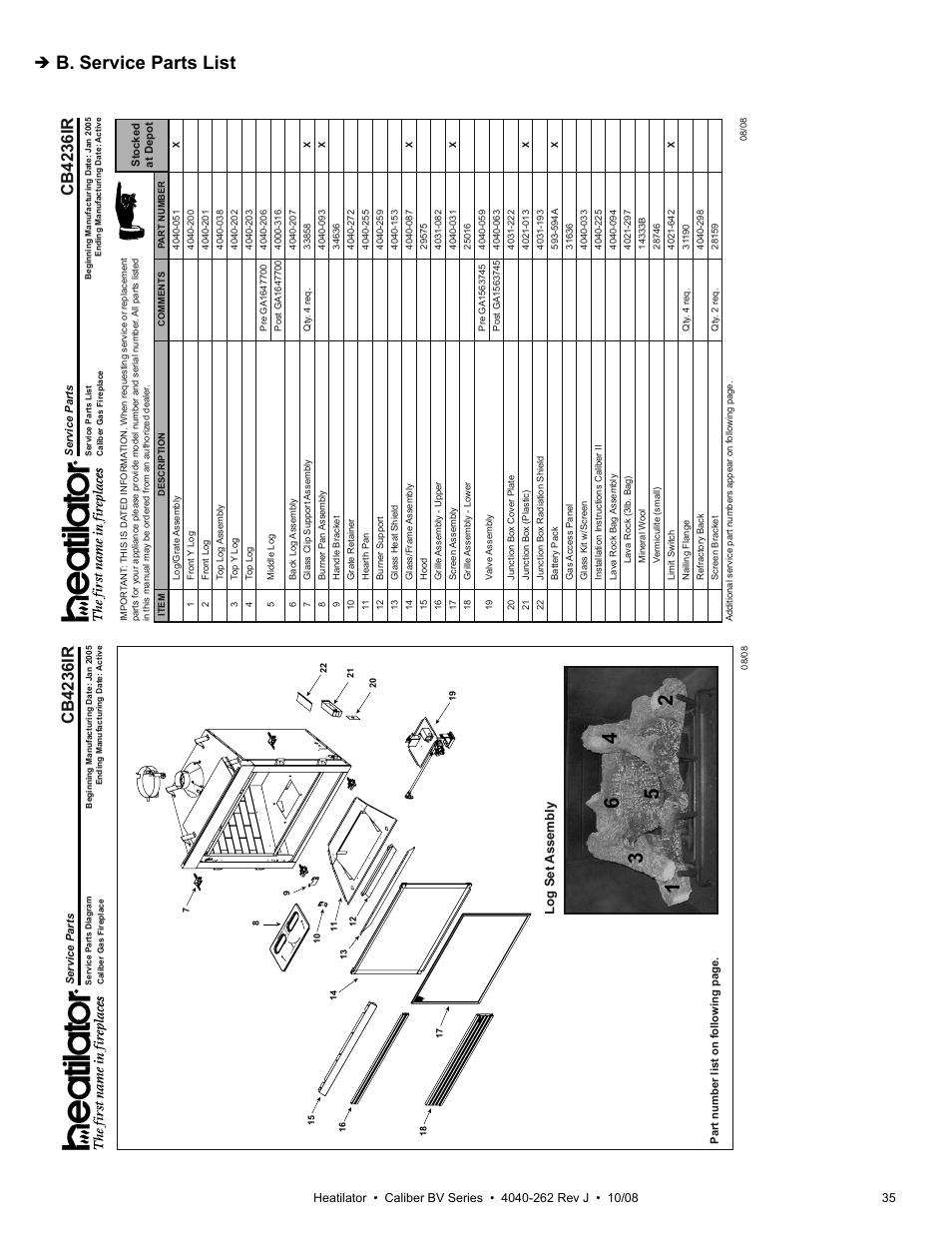 B. service parts list, Cb4236ir, Log set assembly | Hearth and Home Technologies B-Vent Gas Appliance CB4842IR User Manual | Page 35 / 40