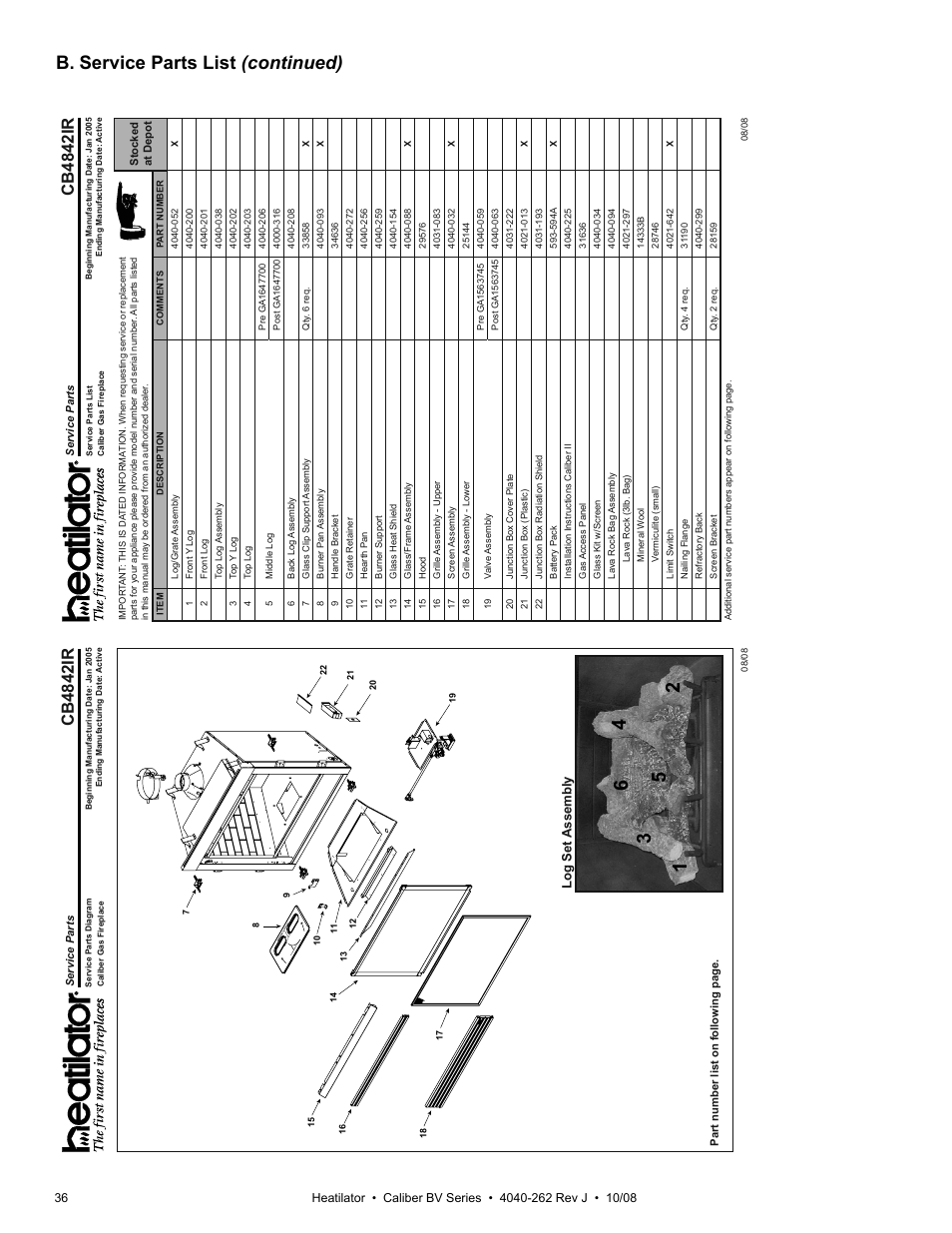 B. service parts list (continued), Cb4842ir, Log set assembly | Hearth and Home Technologies B-Vent Gas Appliance CB4842IR User Manual | Page 36 / 40