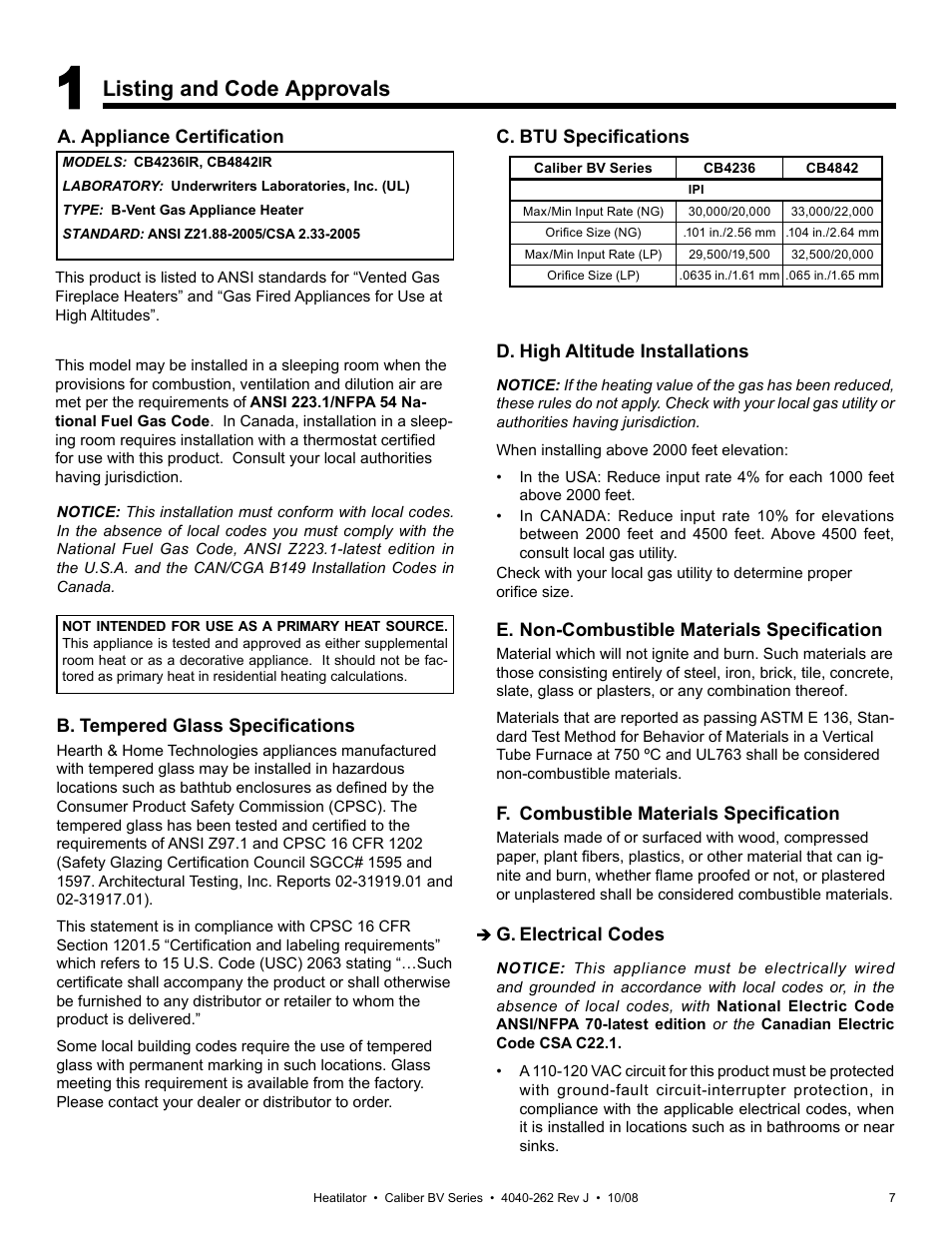 Listing and code approvals | Hearth and Home Technologies B-Vent Gas Appliance CB4842IR User Manual | Page 7 / 40