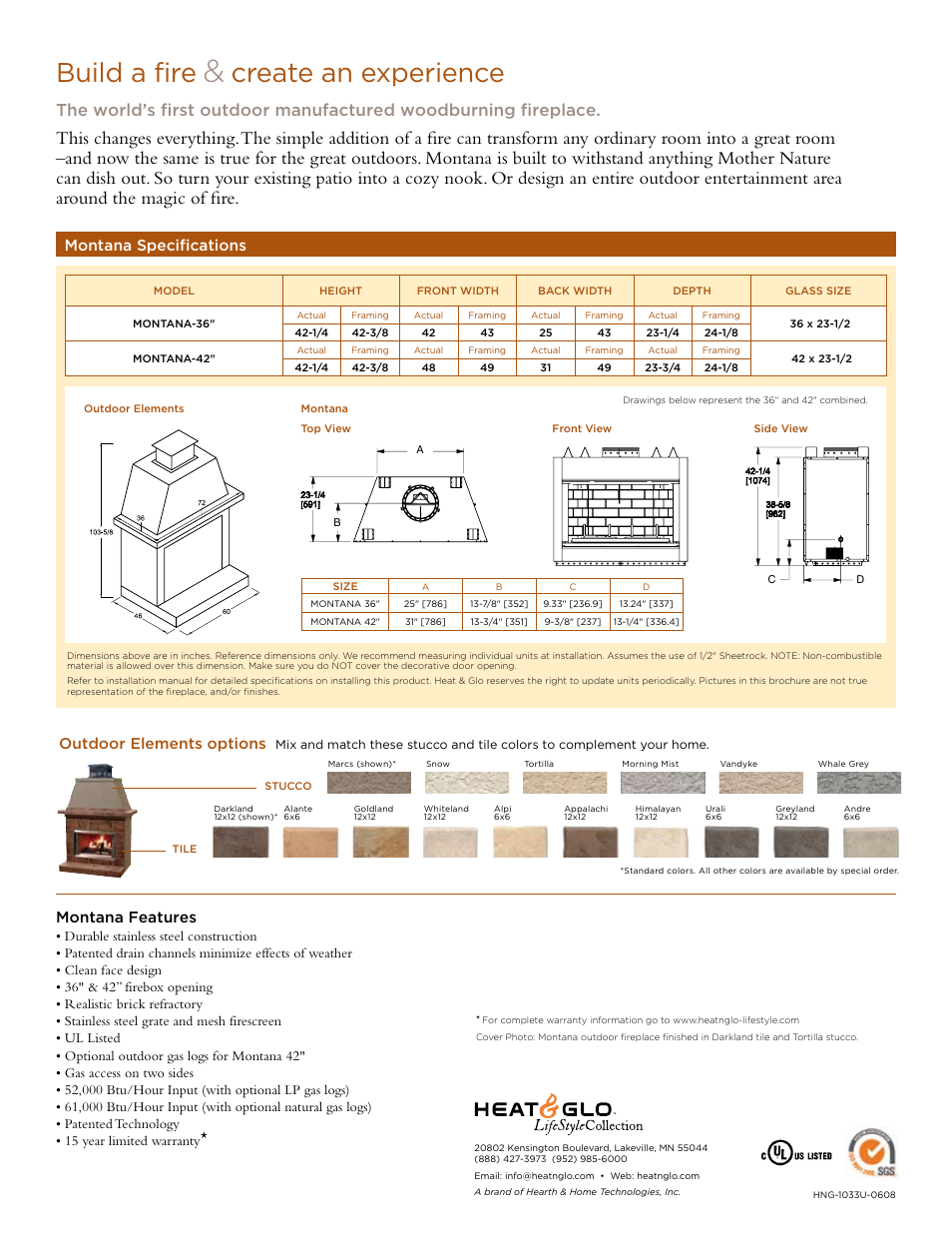 Build a fire, Create an experience, Montana features | Montana specifications, Outdoor elements options | Hearth and Home Technologies Grand-XT User Manual | Page 2 / 2