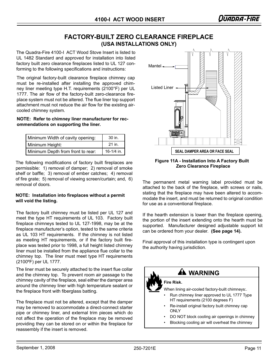 Factory-built zero clearance fireplace, Warning | Hearth and Home Technologies 4100I-GD-B User Manual | Page 11 / 28