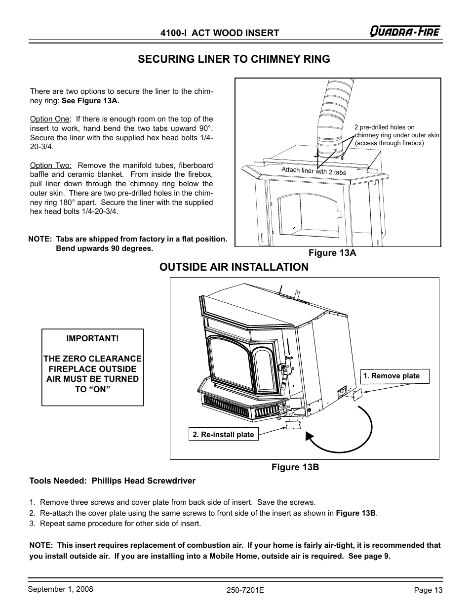 Securing liner to chimney ring, Outside air installation | Hearth and Home Technologies 4100I-GD-B User Manual | Page 13 / 28