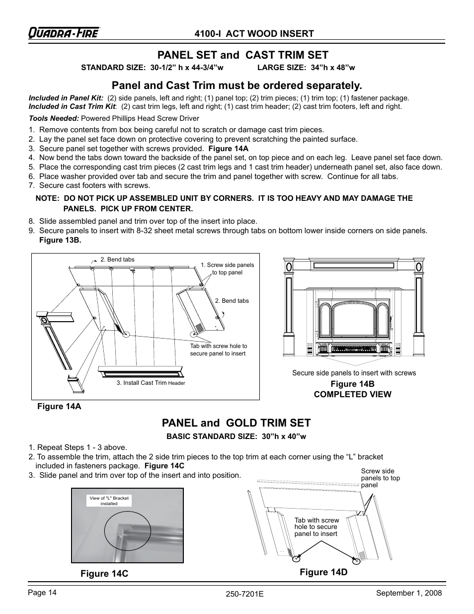 Panel set and cast trim set, Panel and cast trim must be ordered separately, Panel and gold trim set | 4100-i act wood insert, Figure 14c figure 14d | Hearth and Home Technologies 4100I-GD-B User Manual | Page 14 / 28