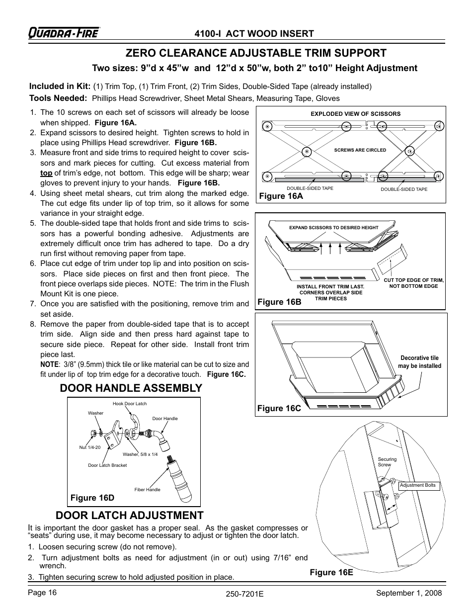 Zero clearance adjustable trim support, Door handle assembly, Door latch adjustment | 4100-i act wood insert | Hearth and Home Technologies 4100I-GD-B User Manual | Page 16 / 28