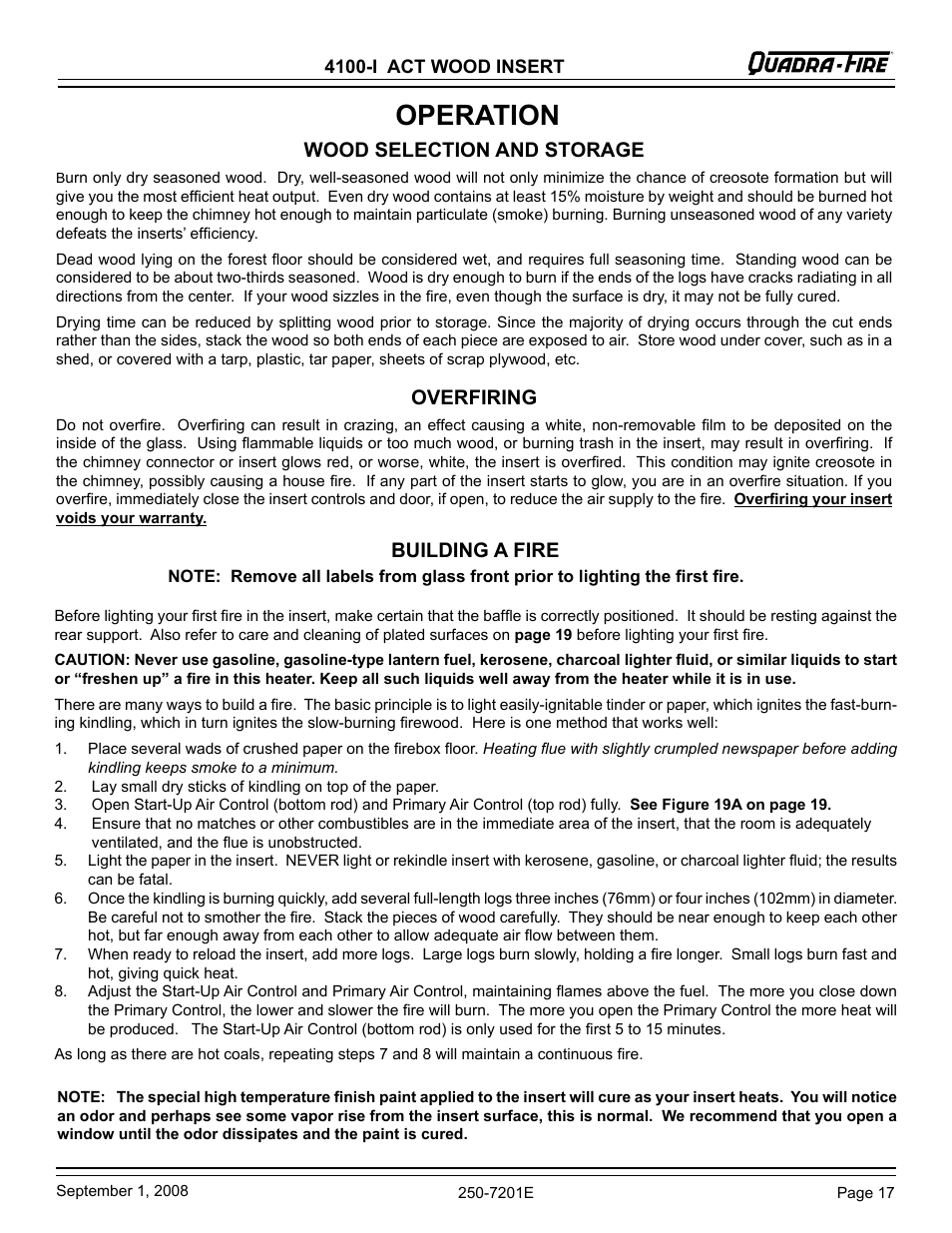 Operation, Wood selection and storage, Overfiring | Building a fire | Hearth and Home Technologies 4100I-GD-B User Manual | Page 17 / 28