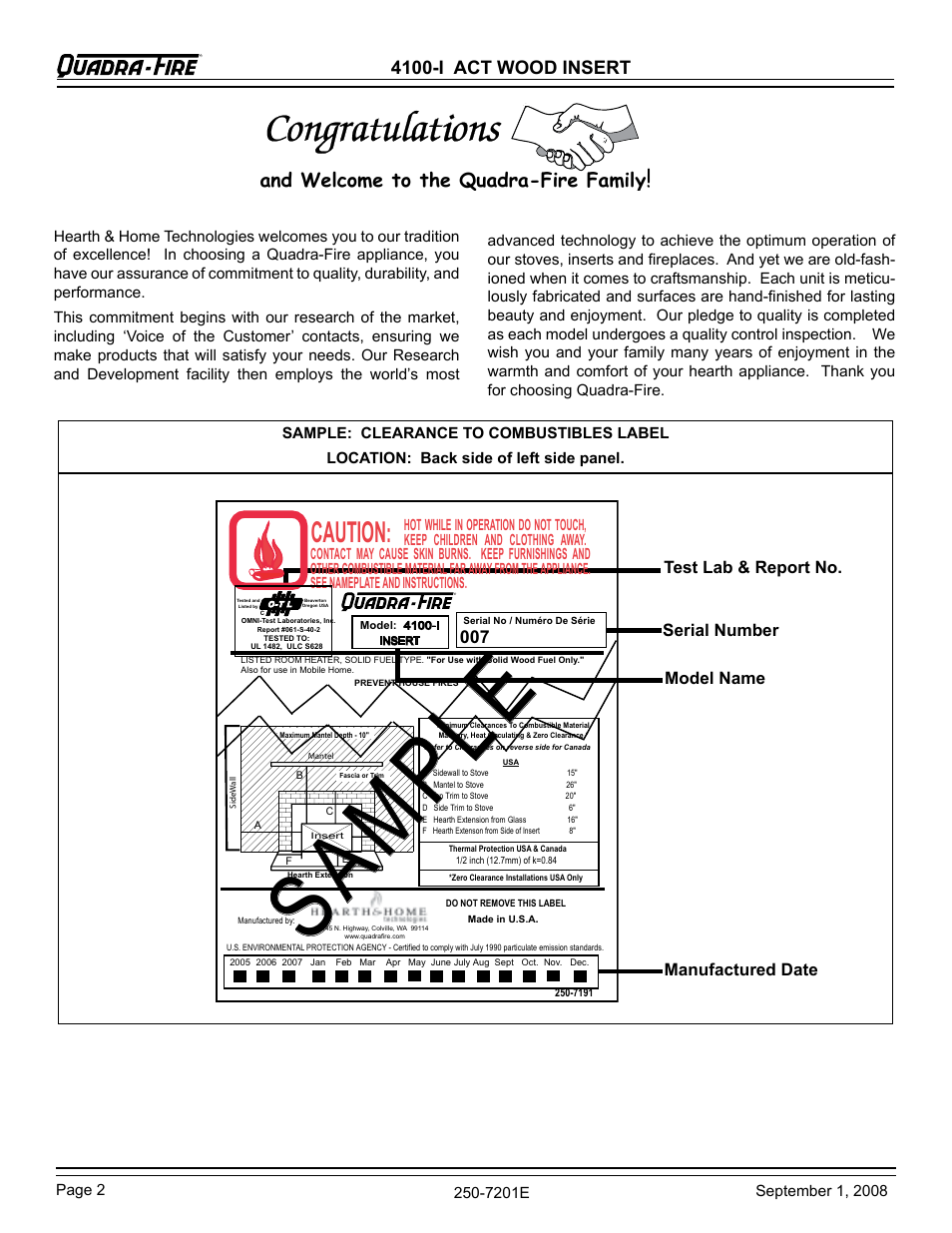 Sa mp le, Caution, And welcome to the quadra-fire family | 4100-i act wood insert | Hearth and Home Technologies 4100I-GD-B User Manual | Page 2 / 28