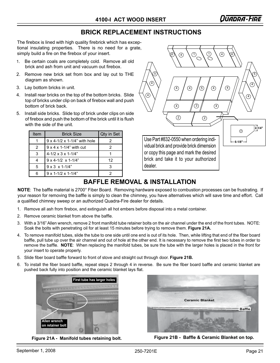 Brick replacement instructions, Baffle removal & installation, 4100-i act wood insert | Hearth and Home Technologies 4100I-GD-B User Manual | Page 21 / 28