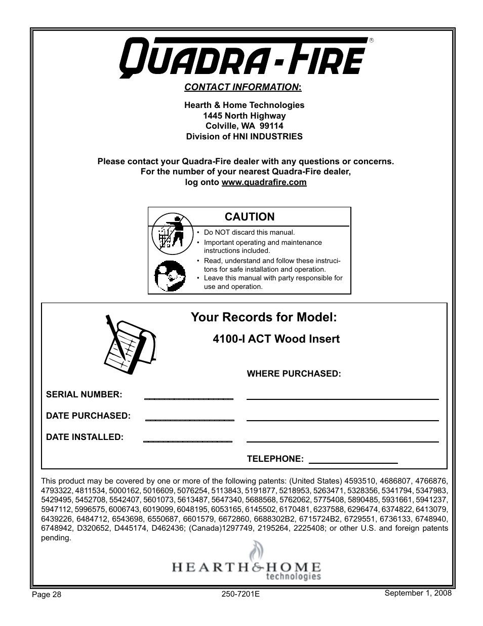 Your records for model, 4100-i act wood insert, Caution | Hearth and Home Technologies 4100I-GD-B User Manual | Page 28 / 28