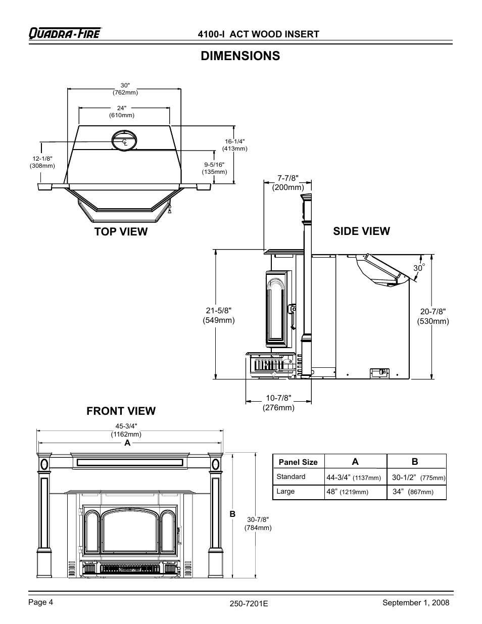 Dimensions, Top view side view front view, 4100-i act wood insert | Hearth and Home Technologies 4100I-GD-B User Manual | Page 4 / 28