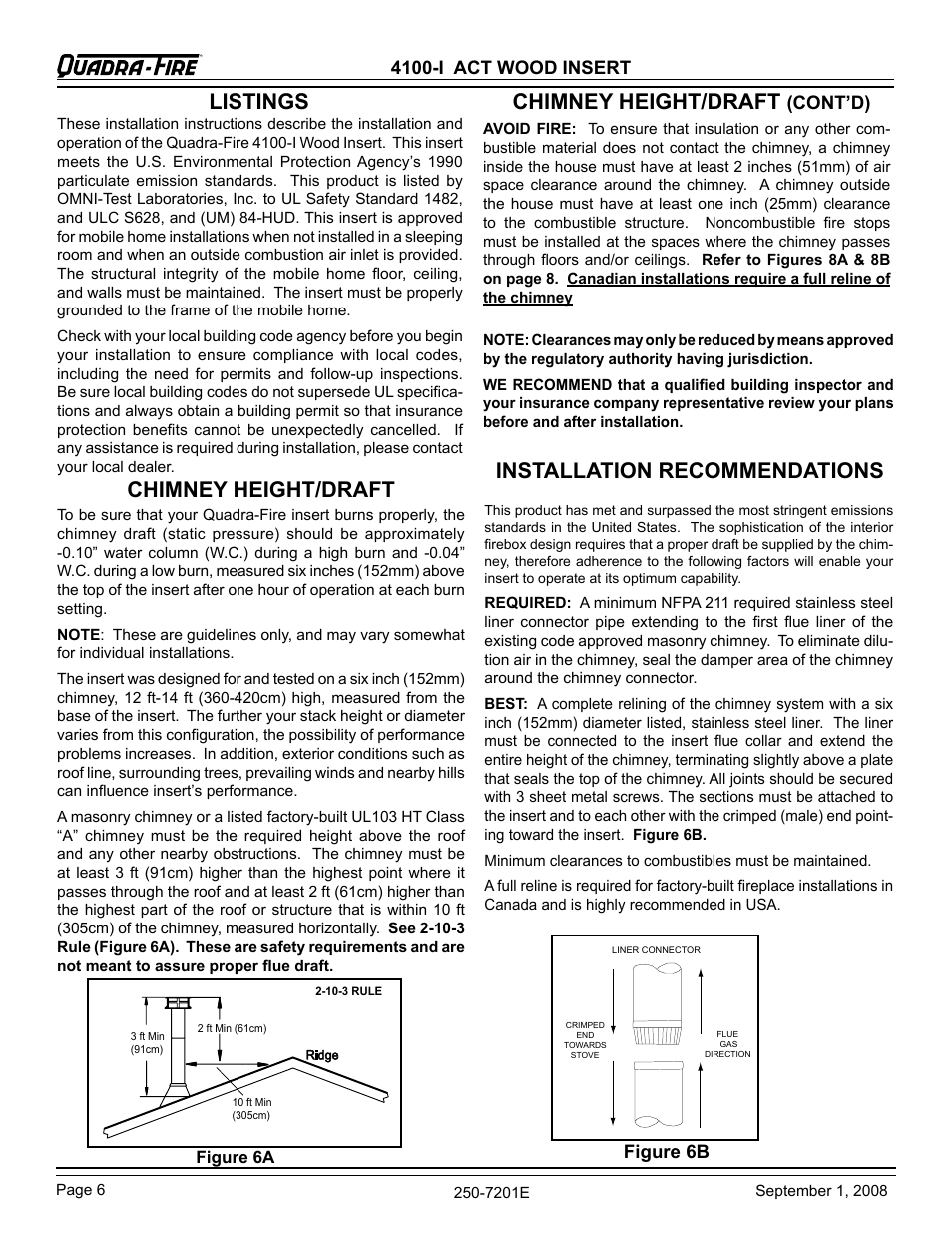 Chimney height/draft, Installation recommendations, Listings chimney height/draft | 4100-i act wood insert, Cont’d), Figure 6b | Hearth and Home Technologies 4100I-GD-B User Manual | Page 6 / 28