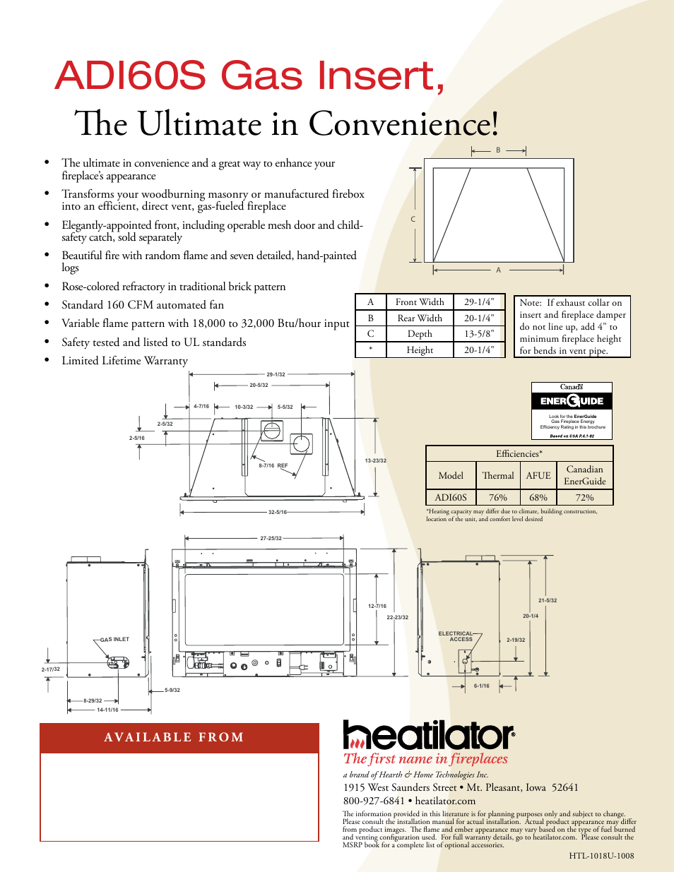 Adi60s gas insert, The ultimate in convenience, Standard 160 cfm automated fan | Safety tested and listed to ul standards, Limited lifetime warranty | Hearth and Home Technologies Direct Vent Gas Insert ADI60S User Manual | Page 2 / 2