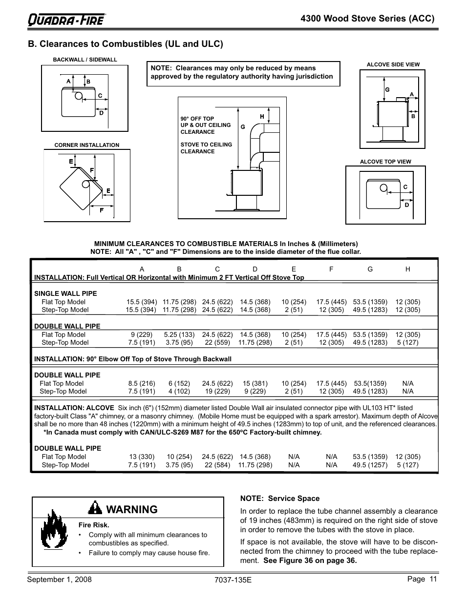 Warning, 4300 wood stove series (acc), B. clearances to combustibles (ul and ulc) | Hearth and Home Technologies Quadra-Fire 43ST-ACC User Manual | Page 11 / 48