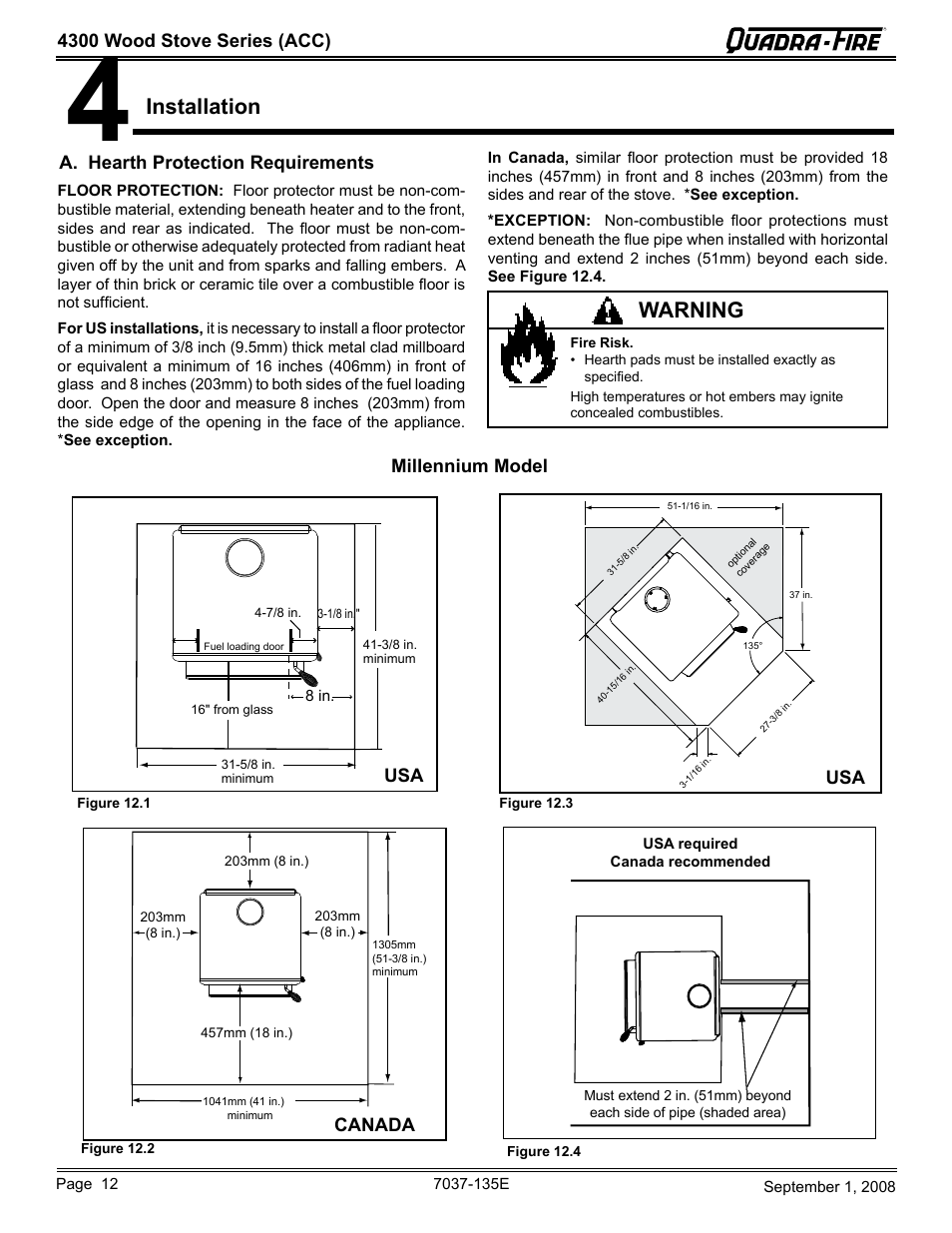 Installation, Warning, Millennium model usa usa canada | Hearth and Home Technologies Quadra-Fire 43ST-ACC User Manual | Page 12 / 48