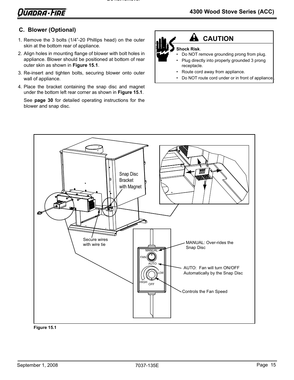 Caution, 4300 wood stove series (acc), C. blower (optional) | Hearth and Home Technologies Quadra-Fire 43ST-ACC User Manual | Page 15 / 48