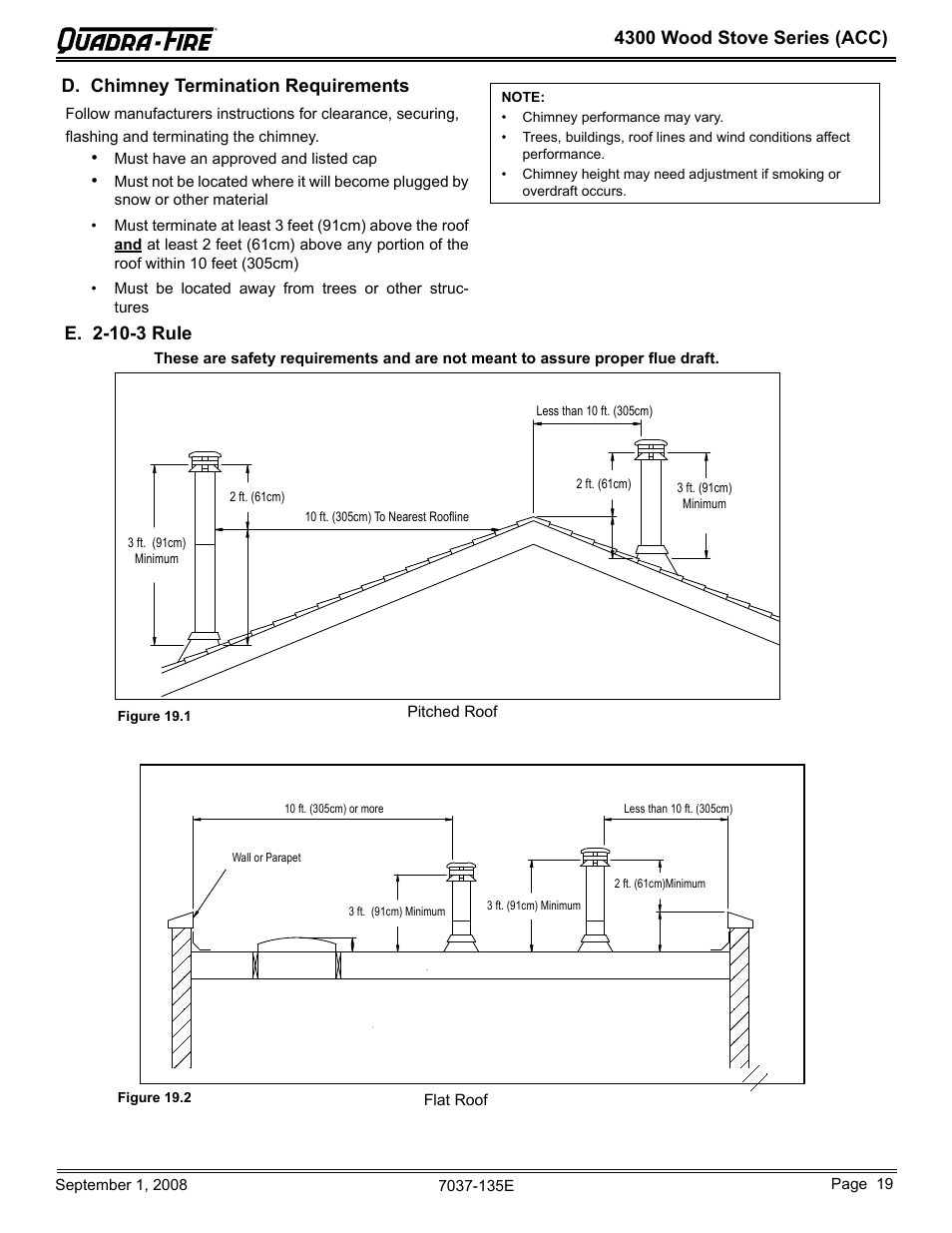 4300 wood stove series (acc), D. chimney termination requirements, E. 2-10-3 rule | Hearth and Home Technologies Quadra-Fire 43ST-ACC User Manual | Page 19 / 48