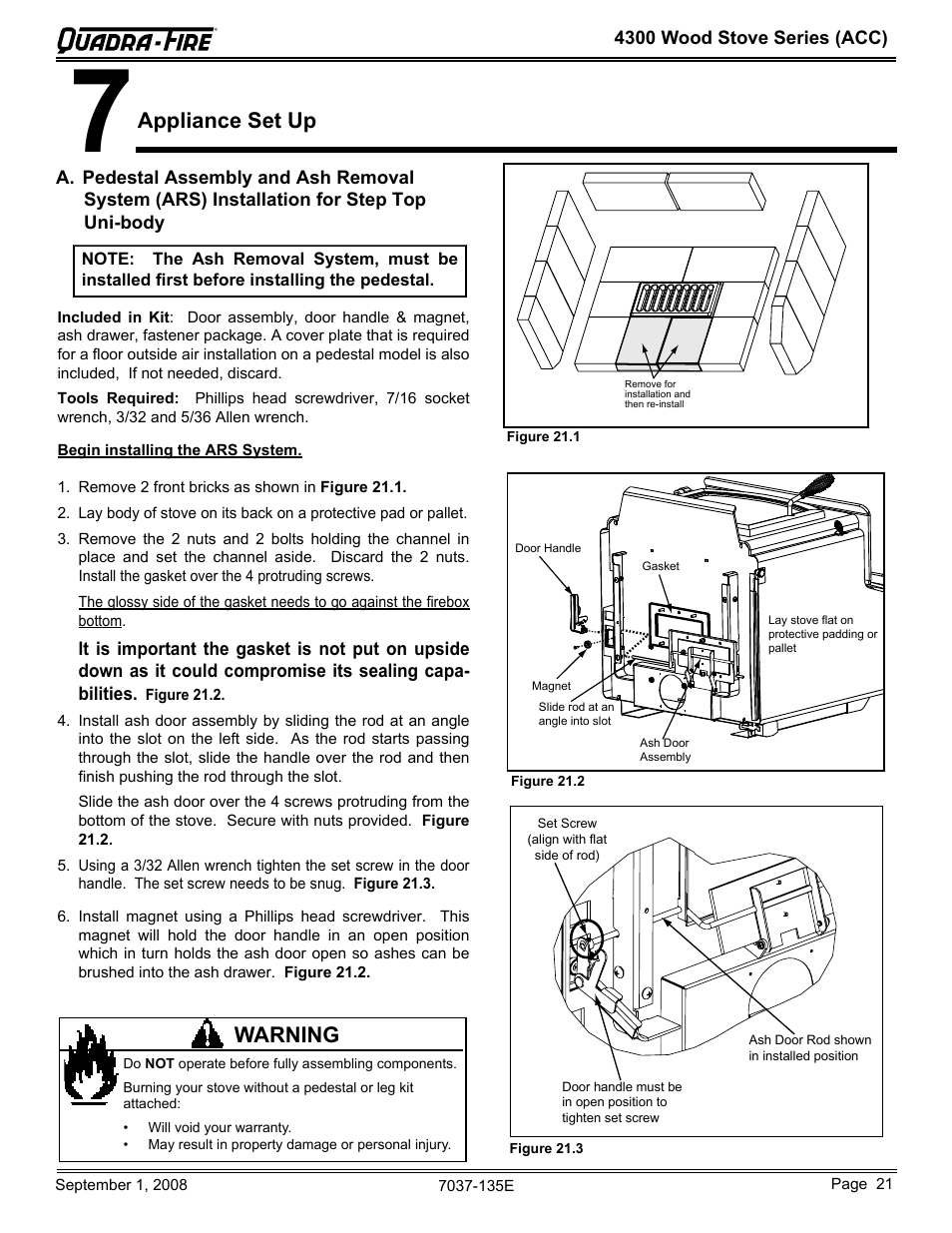 Appliance set up, Warning | Hearth and Home Technologies Quadra-Fire 43ST-ACC User Manual | Page 21 / 48