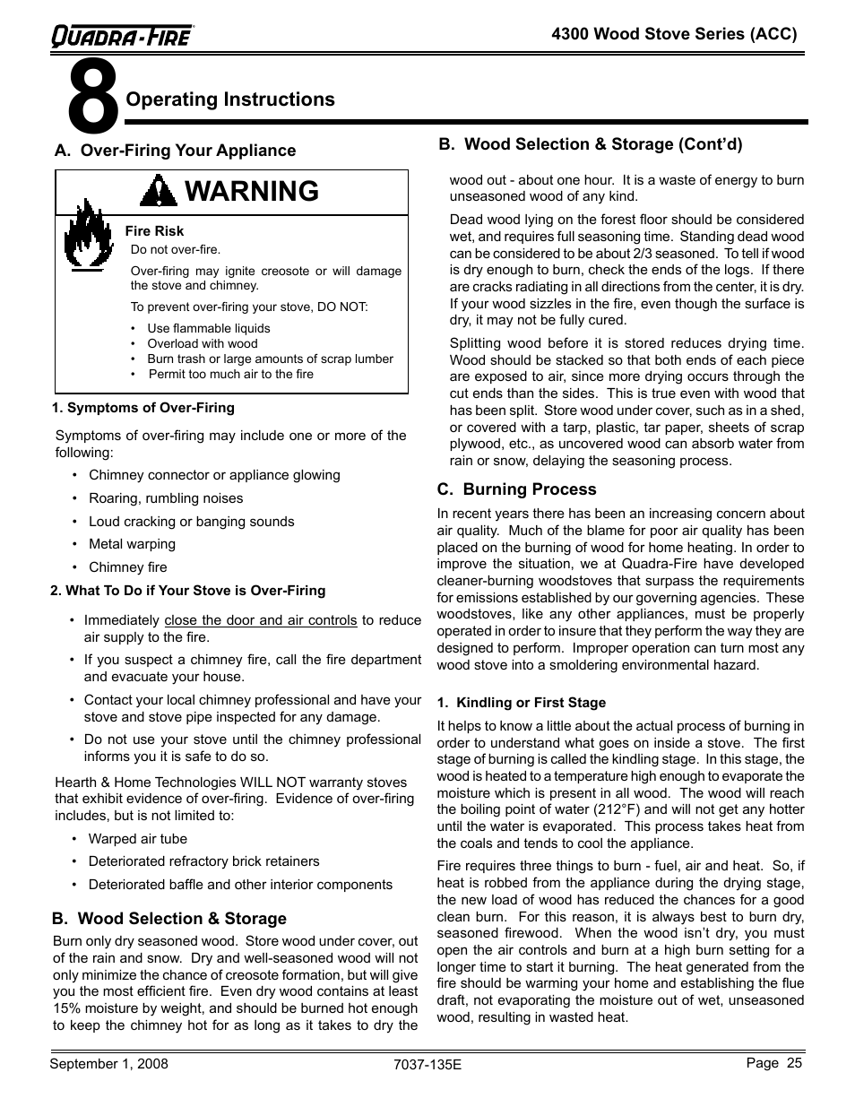 Warning, Operating instructions | Hearth and Home Technologies Quadra-Fire 43ST-ACC User Manual | Page 25 / 48