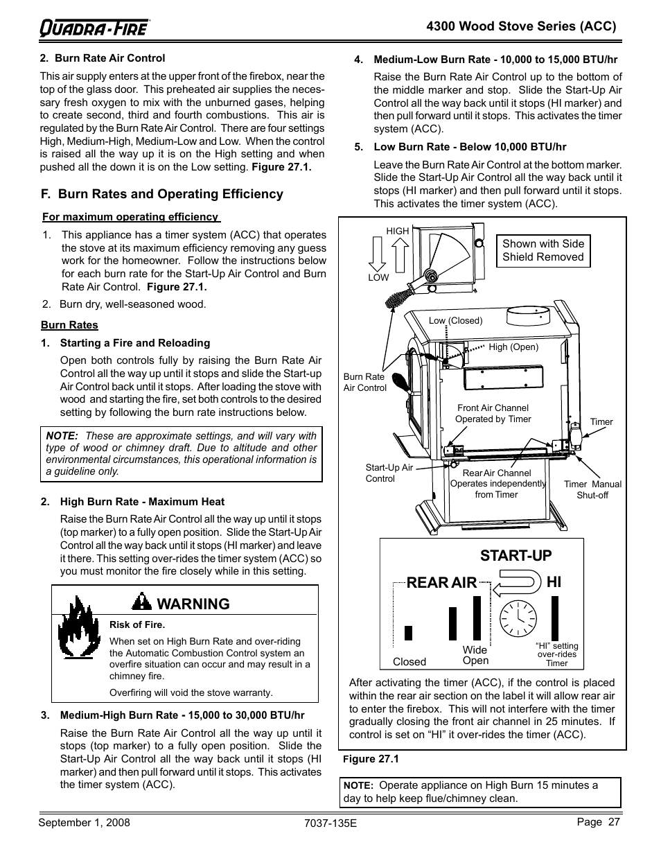 Warning, Start-up rear air hi | Hearth and Home Technologies Quadra-Fire 43ST-ACC User Manual | Page 27 / 48