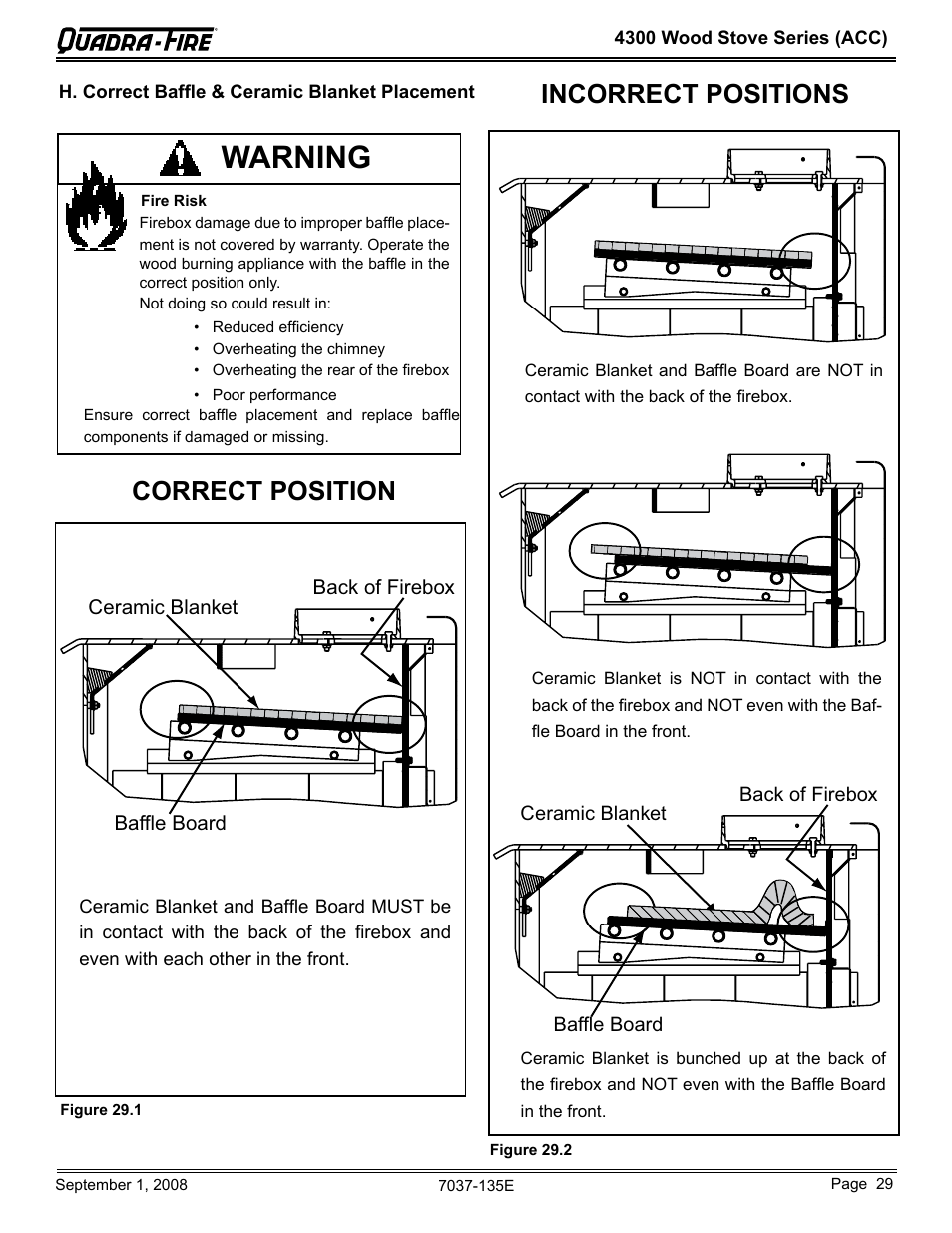 Warning, Correct position, Incorrect positions | Hearth and Home Technologies Quadra-Fire 43ST-ACC User Manual | Page 29 / 48