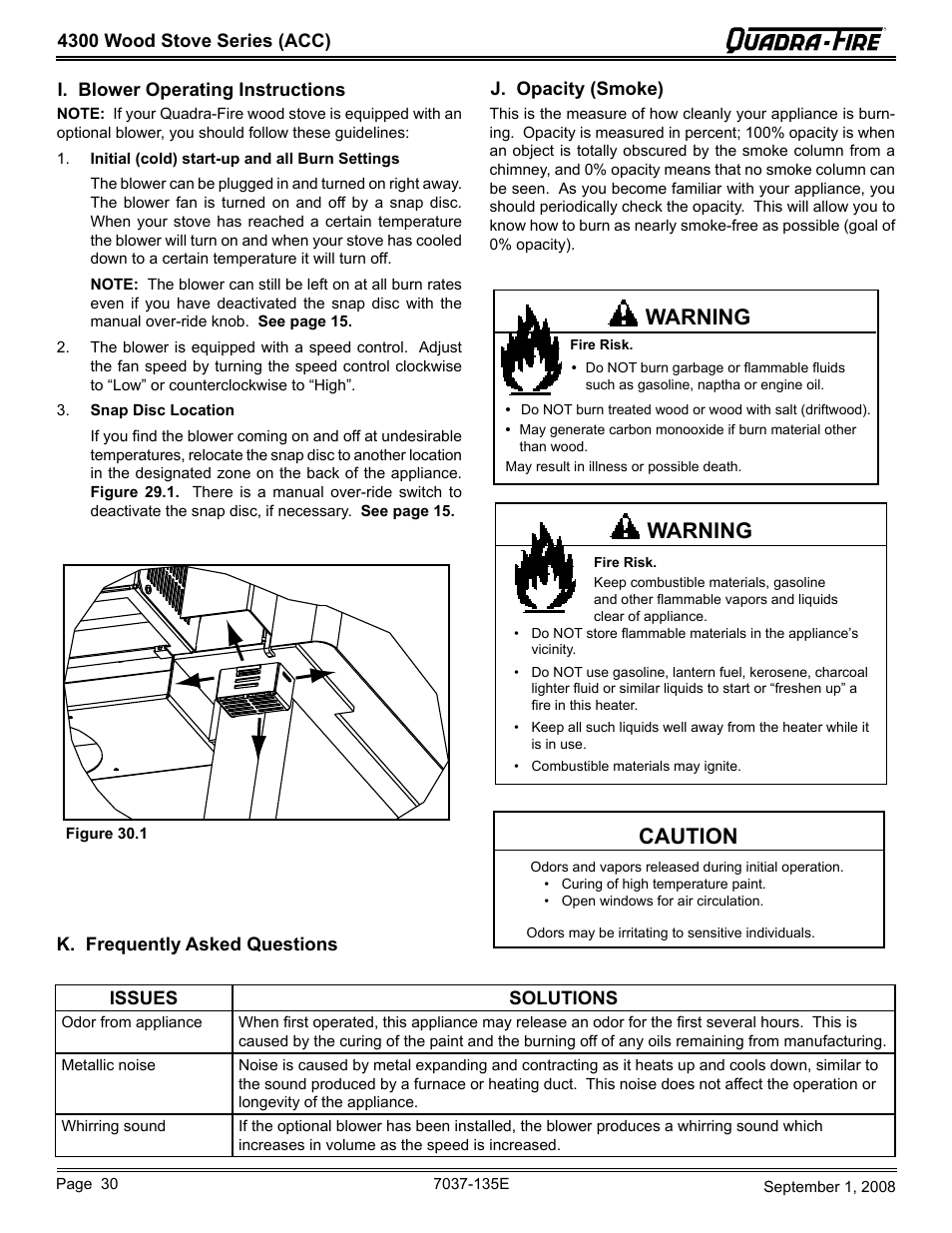 Warning, Caution | Hearth and Home Technologies Quadra-Fire 43ST-ACC User Manual | Page 30 / 48