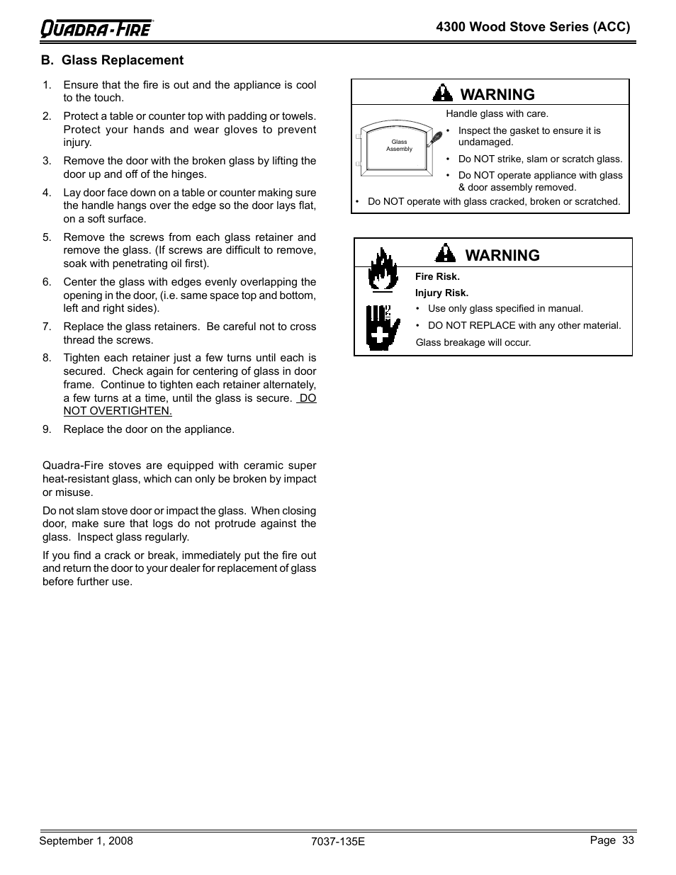 Warning | Hearth and Home Technologies Quadra-Fire 43ST-ACC User Manual | Page 33 / 48