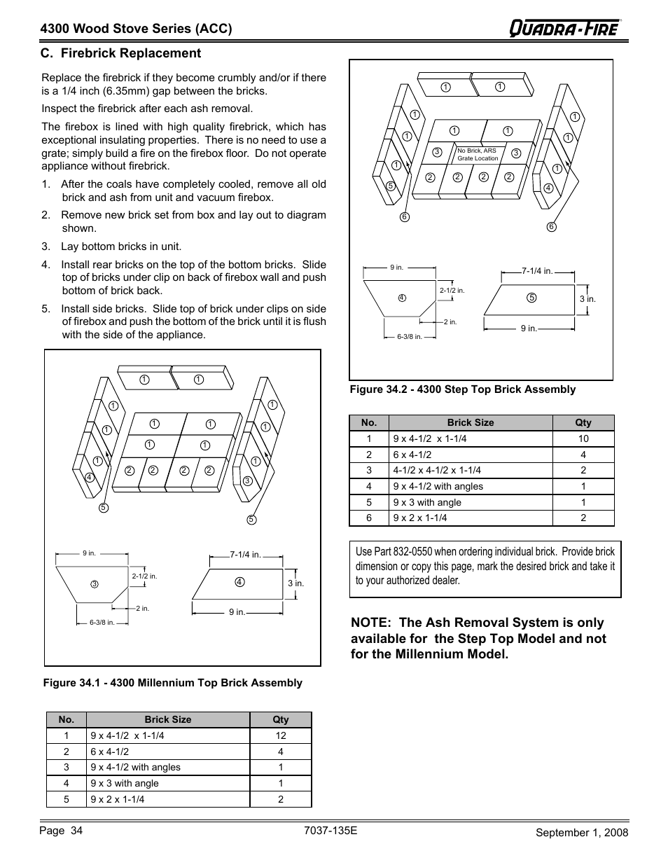 4300 wood stove series (acc), C. firebrick replacement | Hearth and Home Technologies Quadra-Fire 43ST-ACC User Manual | Page 34 / 48