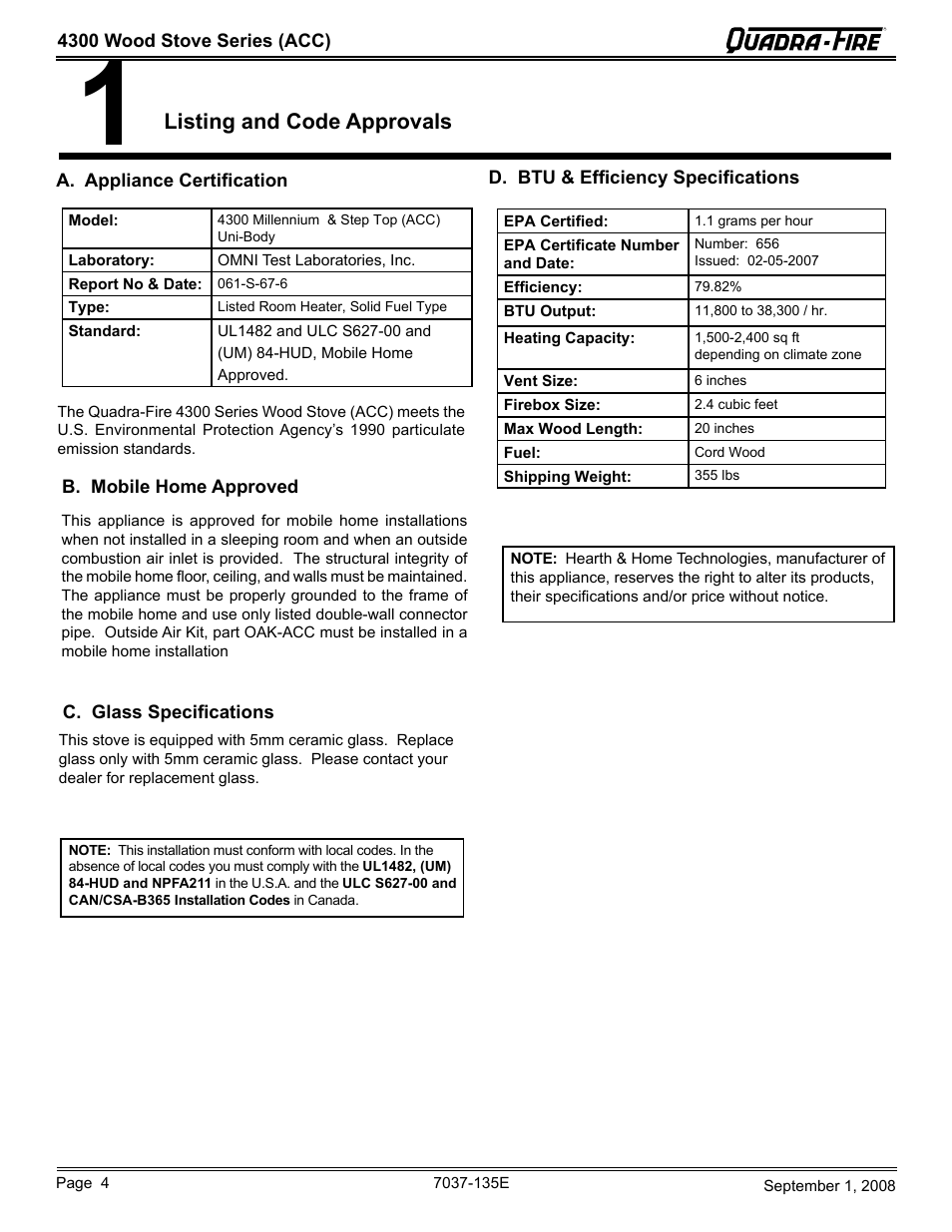 Listing and code approvals | Hearth and Home Technologies Quadra-Fire 43ST-ACC User Manual | Page 4 / 48