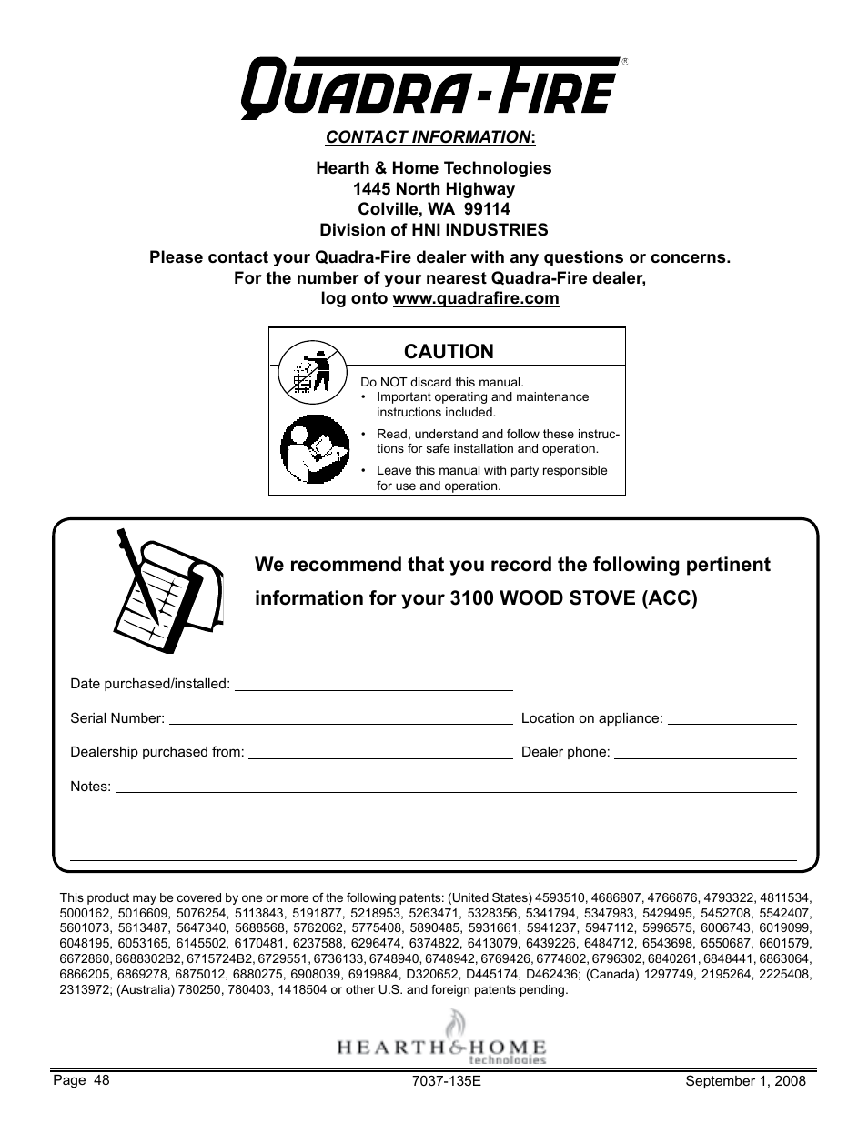 Caution | Hearth and Home Technologies Quadra-Fire 43ST-ACC User Manual | Page 48 / 48