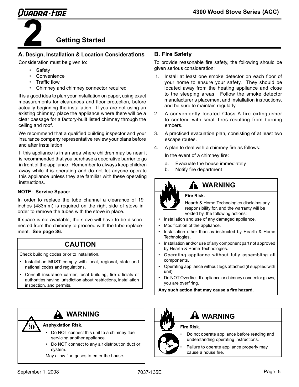 Getting started, Warning, Caution | Hearth and Home Technologies Quadra-Fire 43ST-ACC User Manual | Page 5 / 48