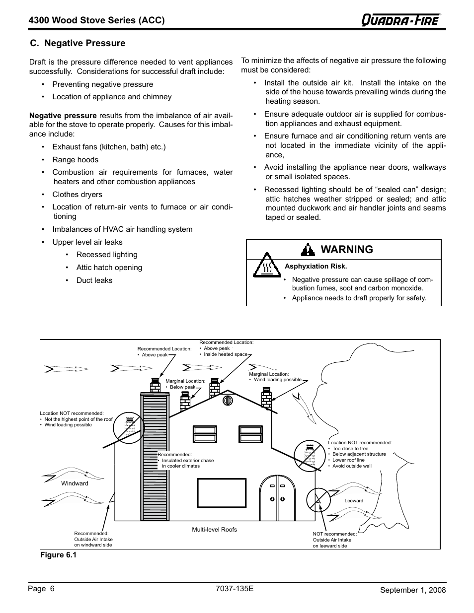 Warning, 4300 wood stove series (acc), C. negative pressure | Hearth and Home Technologies Quadra-Fire 43ST-ACC User Manual | Page 6 / 48