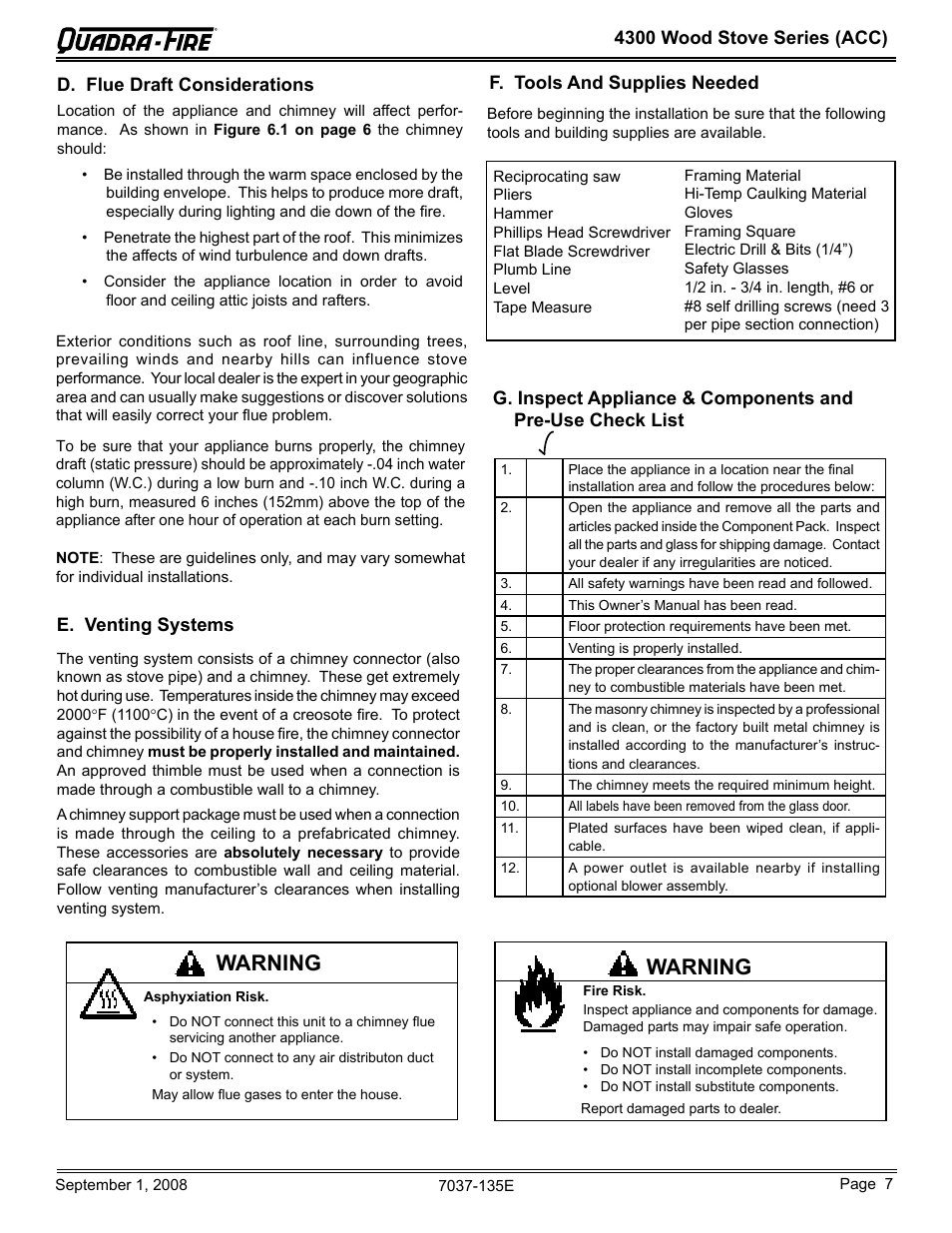 Warning | Hearth and Home Technologies Quadra-Fire 43ST-ACC User Manual | Page 7 / 48