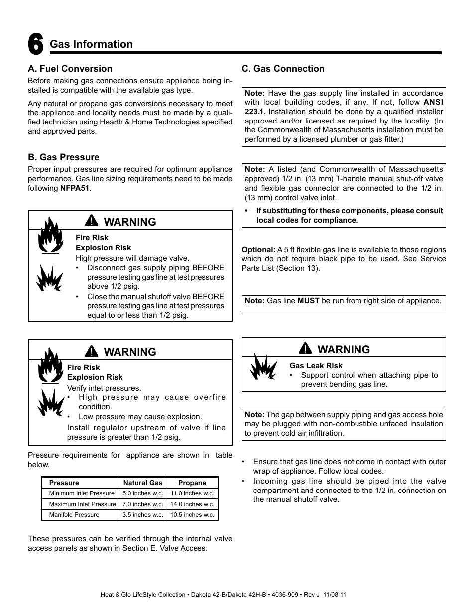 Warning, Gas information | Hearth and Home Technologies Dakota 42-B User Manual | Page 11 / 36